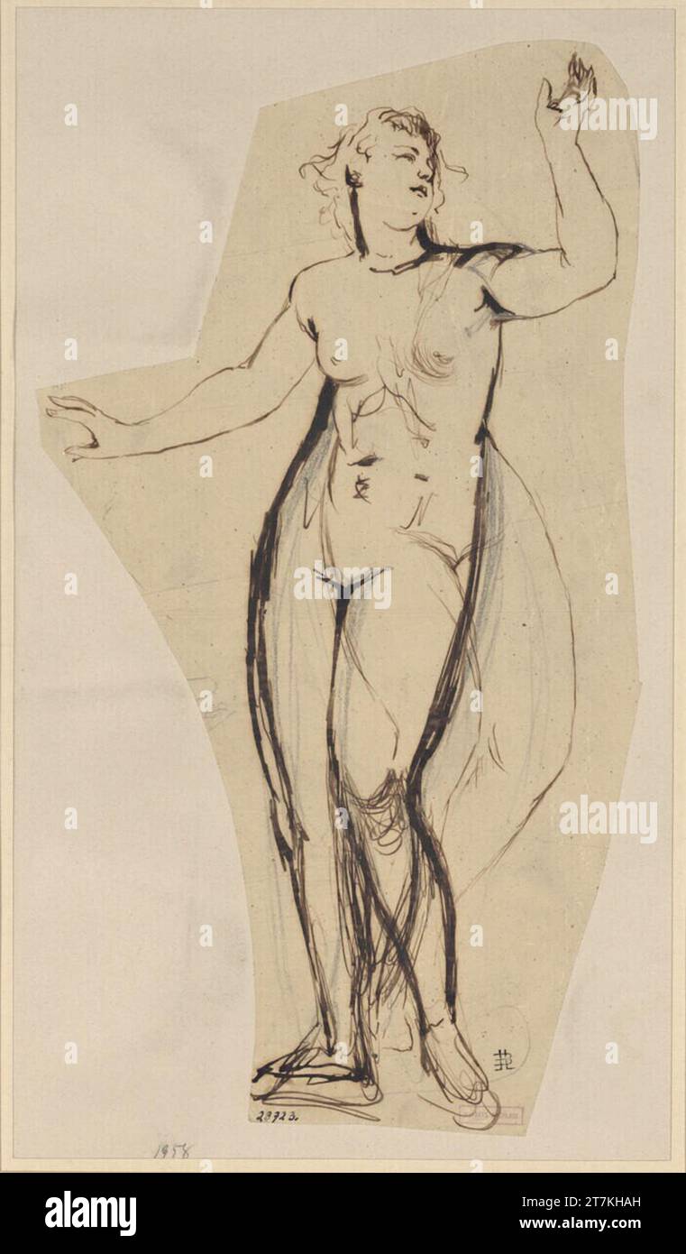 Hans Makart steht in der Vorderansicht mit gespreizten Armen, der Kopf nach rechts gedreht. Bleistift, Feder, Pinsel, Biister, Papier Stockfoto