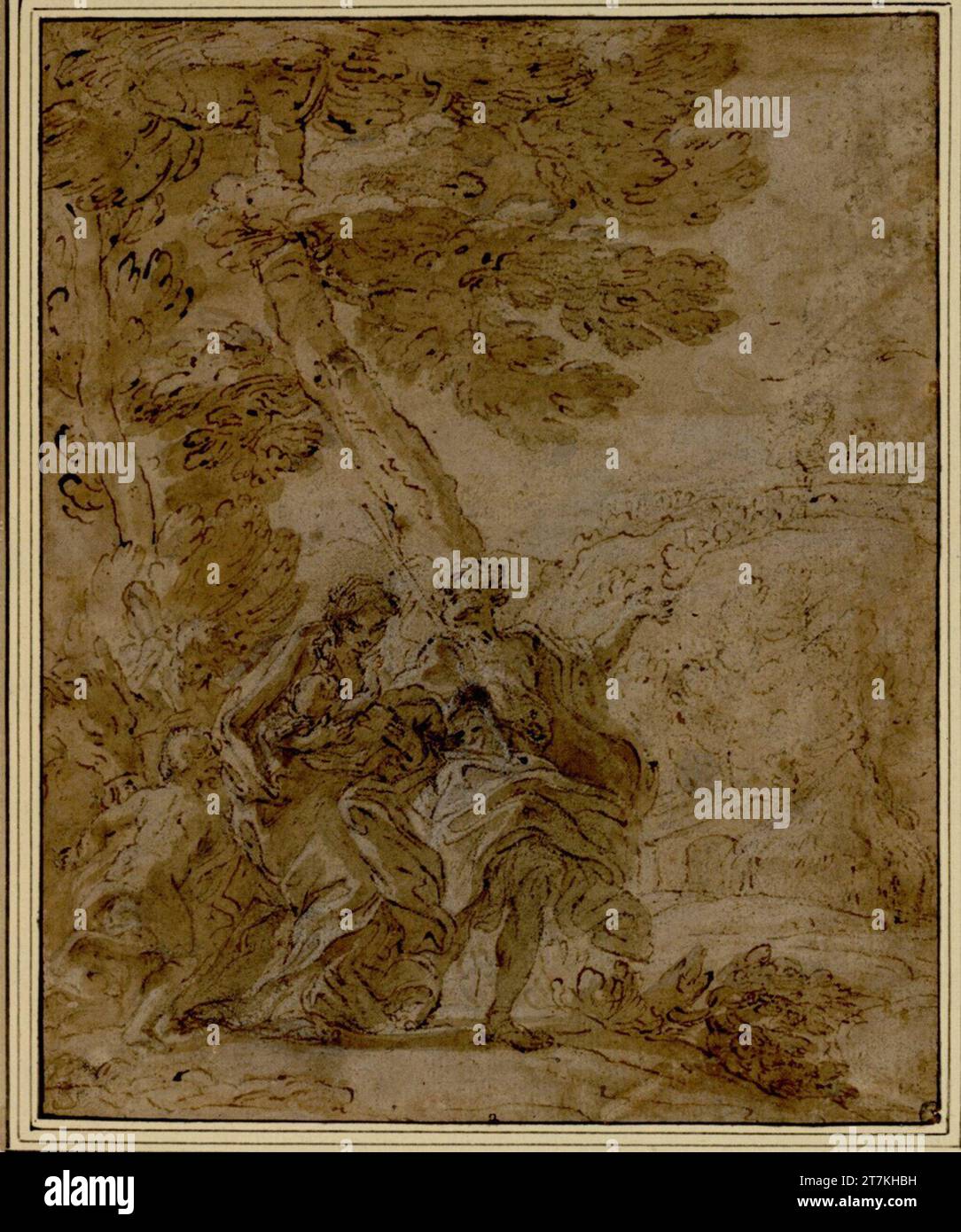 Giovanni Battista Gaulli gen. Bacciccio flüchtet nach Ägypten. Kreide; Feder; laviert; weiß gewachsen; braunes Papier Stockfoto