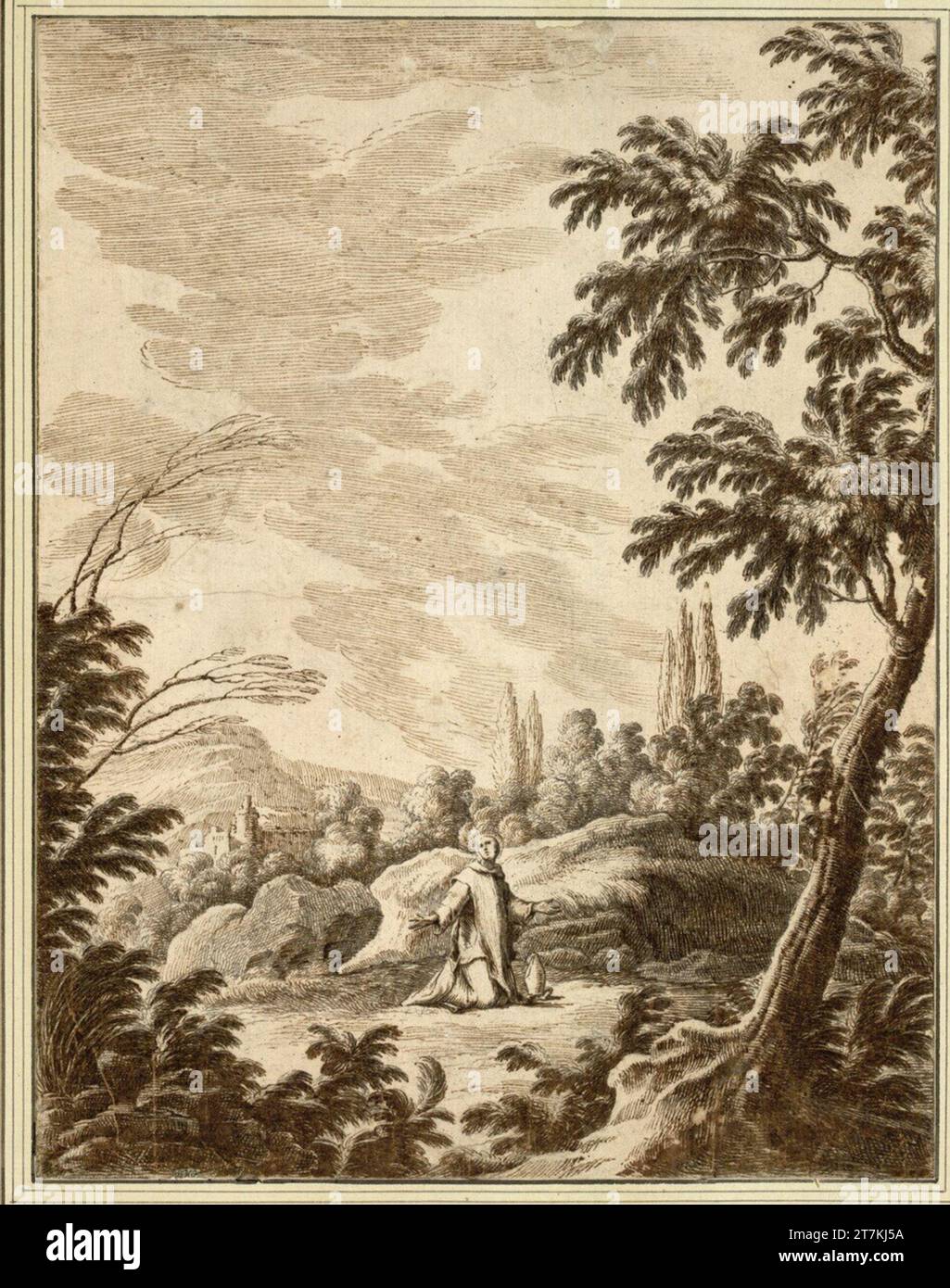 Lodovico Mattioli Baumlandschaft, in der ein heiliger Knie, die Mitra neben ihm. Feder; Linienstich Stockfoto