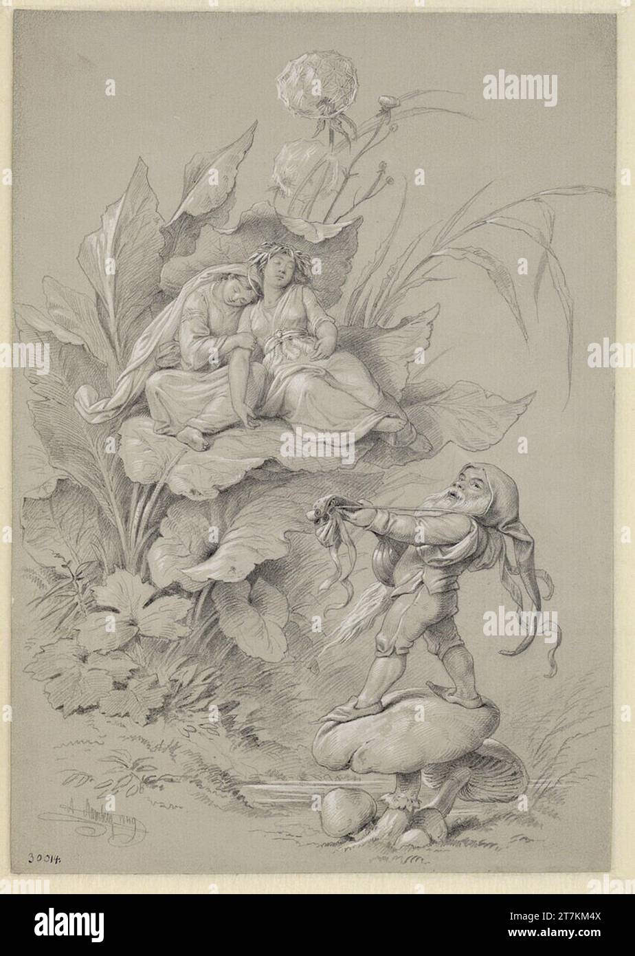Arthur Georg Freiherr von Ramberg Märchenszene: Lauter Zwerg spielt auf einem Pilz als Podium vor zwei Elfen, die im Kraut schlummern. Bleistift, hoch mit Pinsel in weiß, auf grauem Grundierpapier 1849 , 1849 Stockfoto