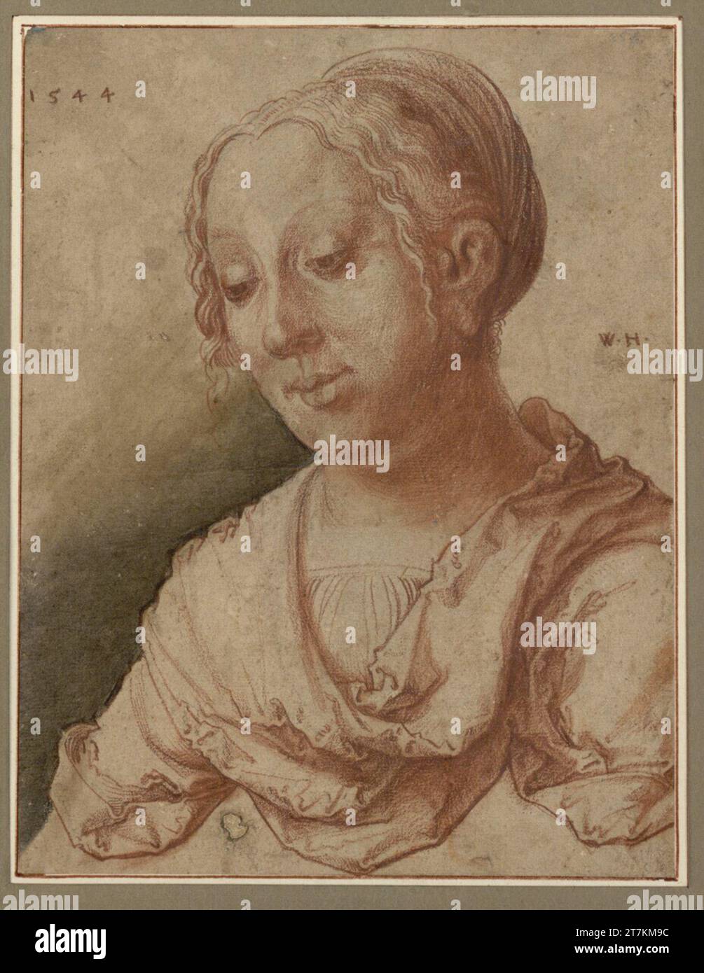 Wolfgang Huber Porträt einer Frau. Redel auf gelblichem, grau-schwarzem Aquarellpapier links 1544 , 1544 Stockfoto