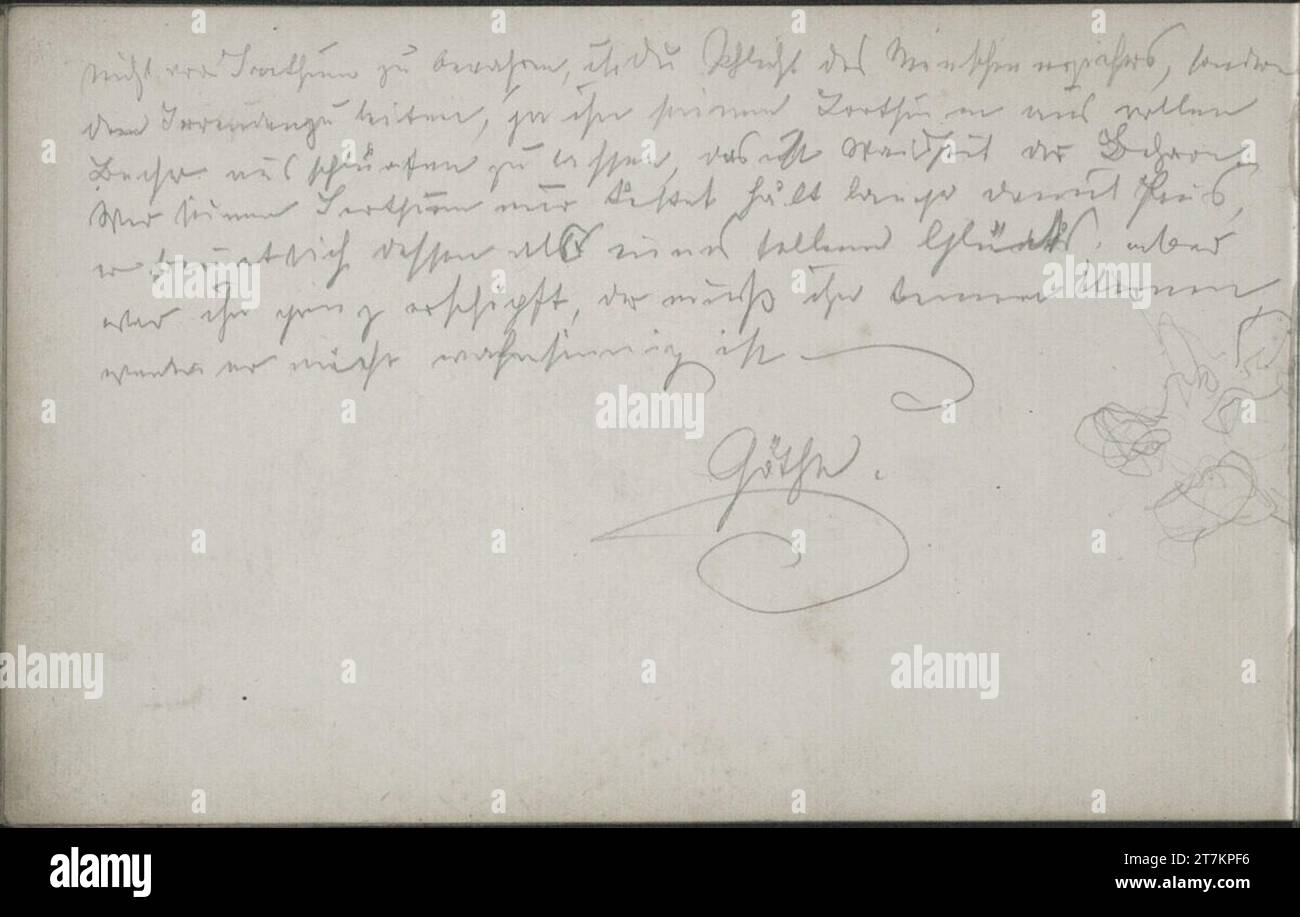 Emerich Alexius Swoboda Zitat Goethe (Wilhelm Meisters Lehrjahre); undeutliches Bild. Bleistift-Sketchbook: 14.3.1877 - 14.7.1877 , 1877-03-14/1877-07 Stockfoto