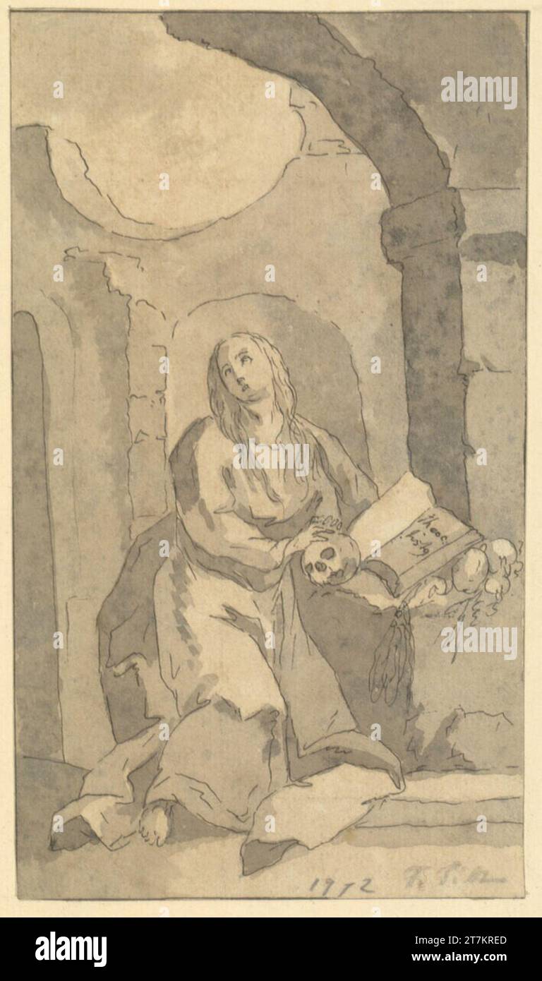 Paul Troger (Schule) kniete magdalena in Ruinen. Feder in grau -braun Stockfoto