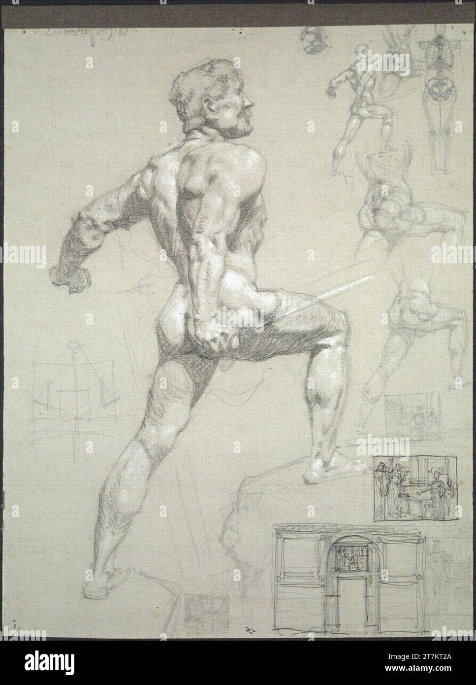 Alexander Rothaug Studie eines Fechters, vier kleinere Wiederholungen und verschiedene Skizzen. Bleistift, Kreide, Tintenfeder, Schlagsahne, graues Papier, graues Papier um 1900 Stockfoto