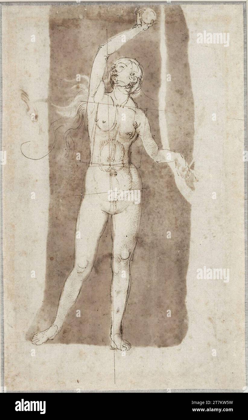 Albrecht Dürer Eva (Entwurfszeichnung). Feder in Braun, Gestaltungslinien mit Feder in Braun; Kreisstiche, Pentimente im Kopfbereich um 1506 Stockfoto