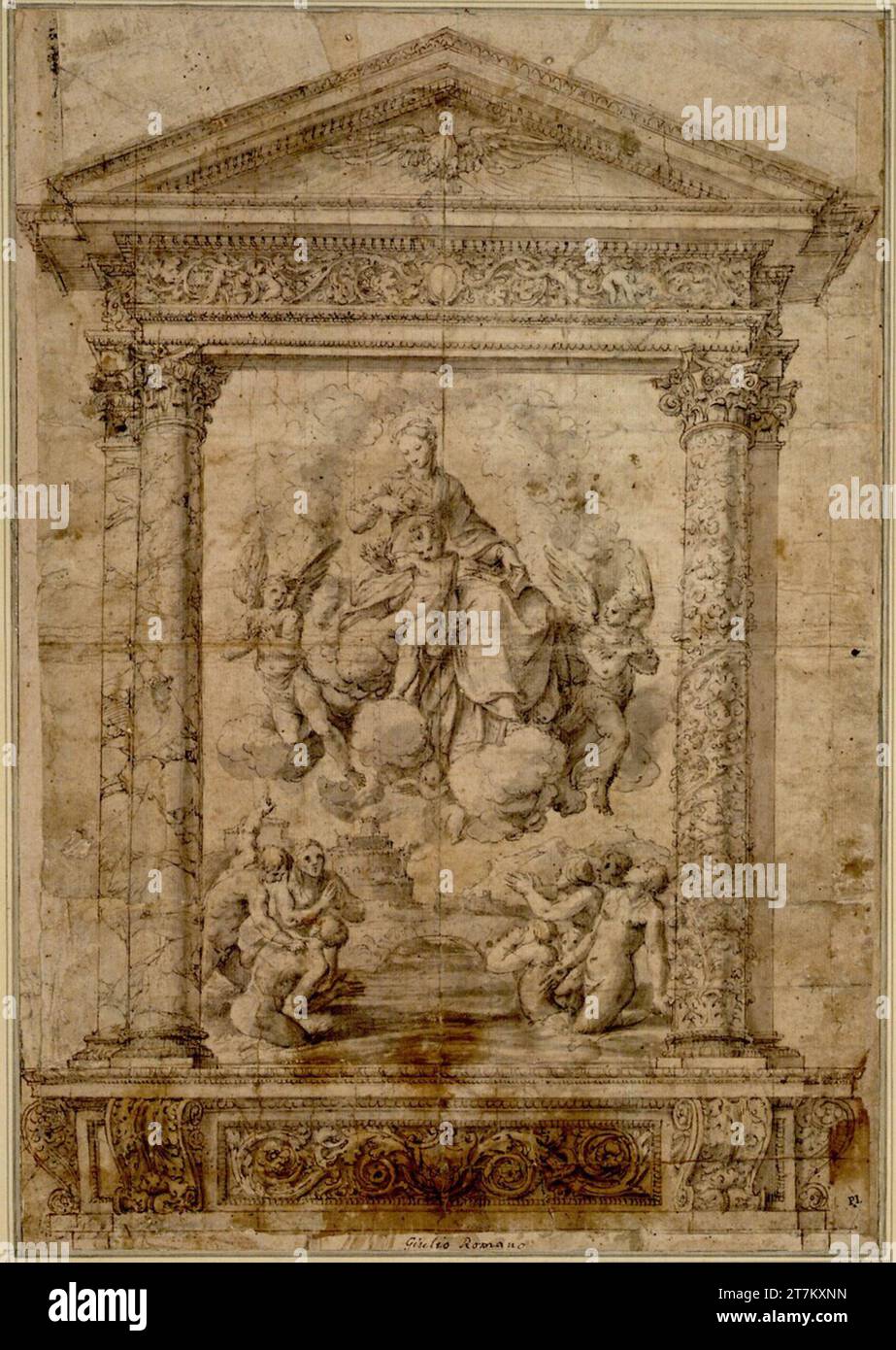 Polidoro Caldara da Caravaggio Madonna mit ihren armen Seelen. Feder in Braun, Lavationen in Grau und Braun; verschiedene dünne Papierstreifen werden aufgeklebt, zweimal gefaltet 1527-1528 , 1527/1528 Stockfoto