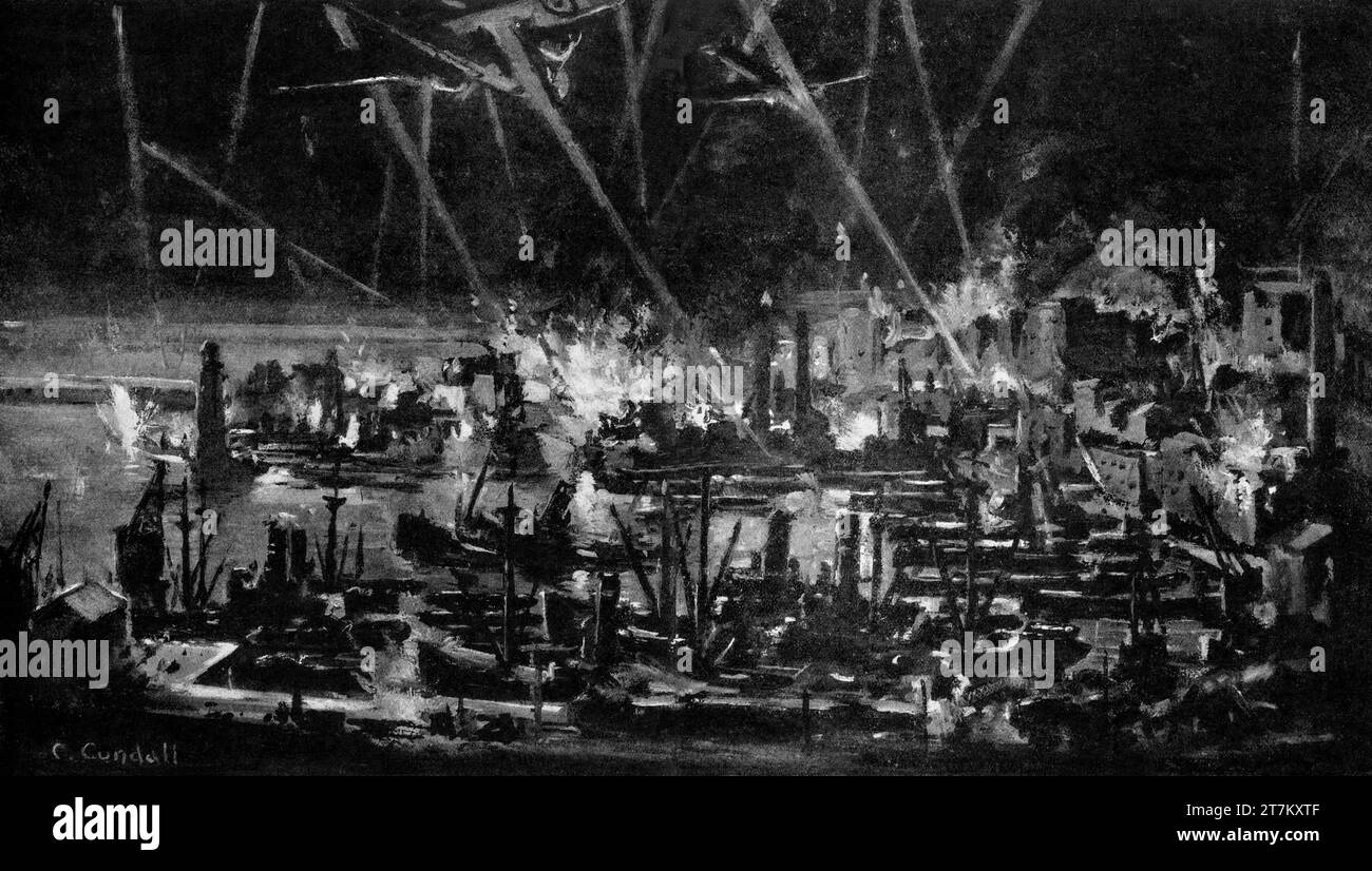 Eine Illustration von Charles Cundall, die einen RAF-Luftangriff auf Docks und Schiffe in den sogenannten Invasionshäfen veranschaulicht, die 1940 während der Operation Sea Lion, dem Plan Deutschlands, Großbritannien während des Zweiten Weltkriegs zu erobern, verwendet worden sein könnten. Stockfoto