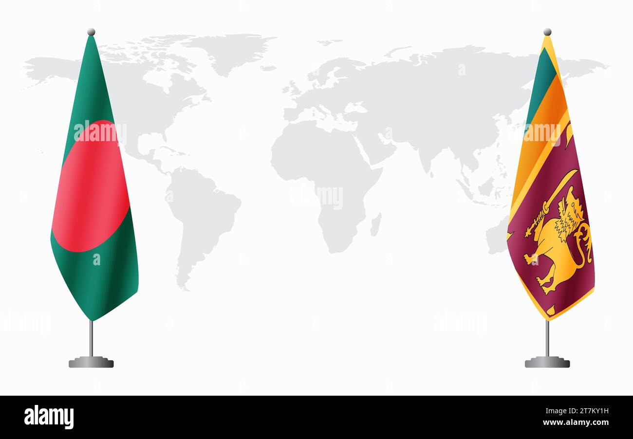 Bangladesch und Sri Lanka Flaggen für offizielle Treffen vor dem Hintergrund der Weltkarte. Stock Vektor