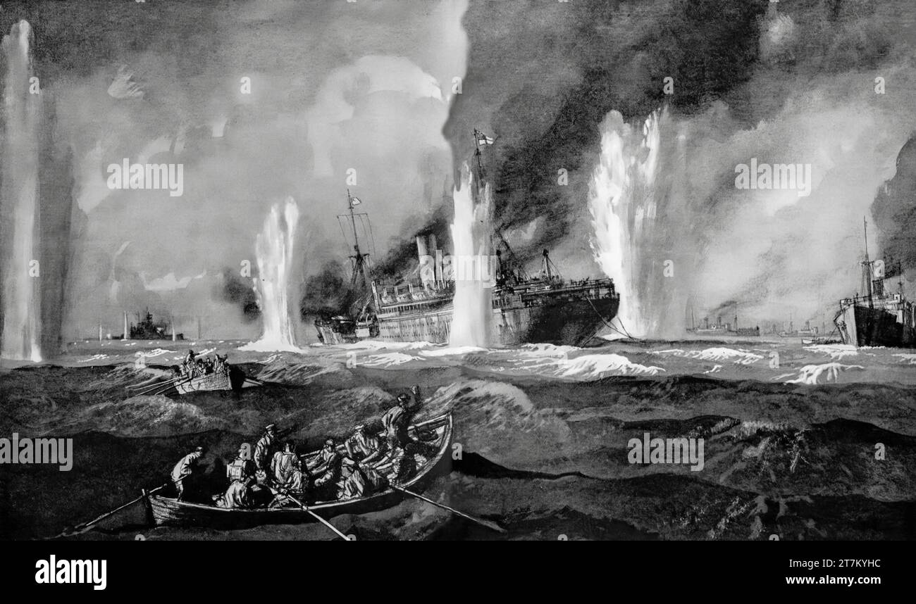 Eine Illustration von Rowland Hilder über den unglückseligen „Jervis Bay“, ein britisch bewaffneter Handelskreuzer, der ein deutsches Taschenschiff daran hinderte, während des Zweiten Weltkriegs einen Konvoi von 38 Handelsschiffen zu zerstören. Sechs Konvoischiffe sank, ebenso die Jervis Bay am 5. November 1940. Stockfoto