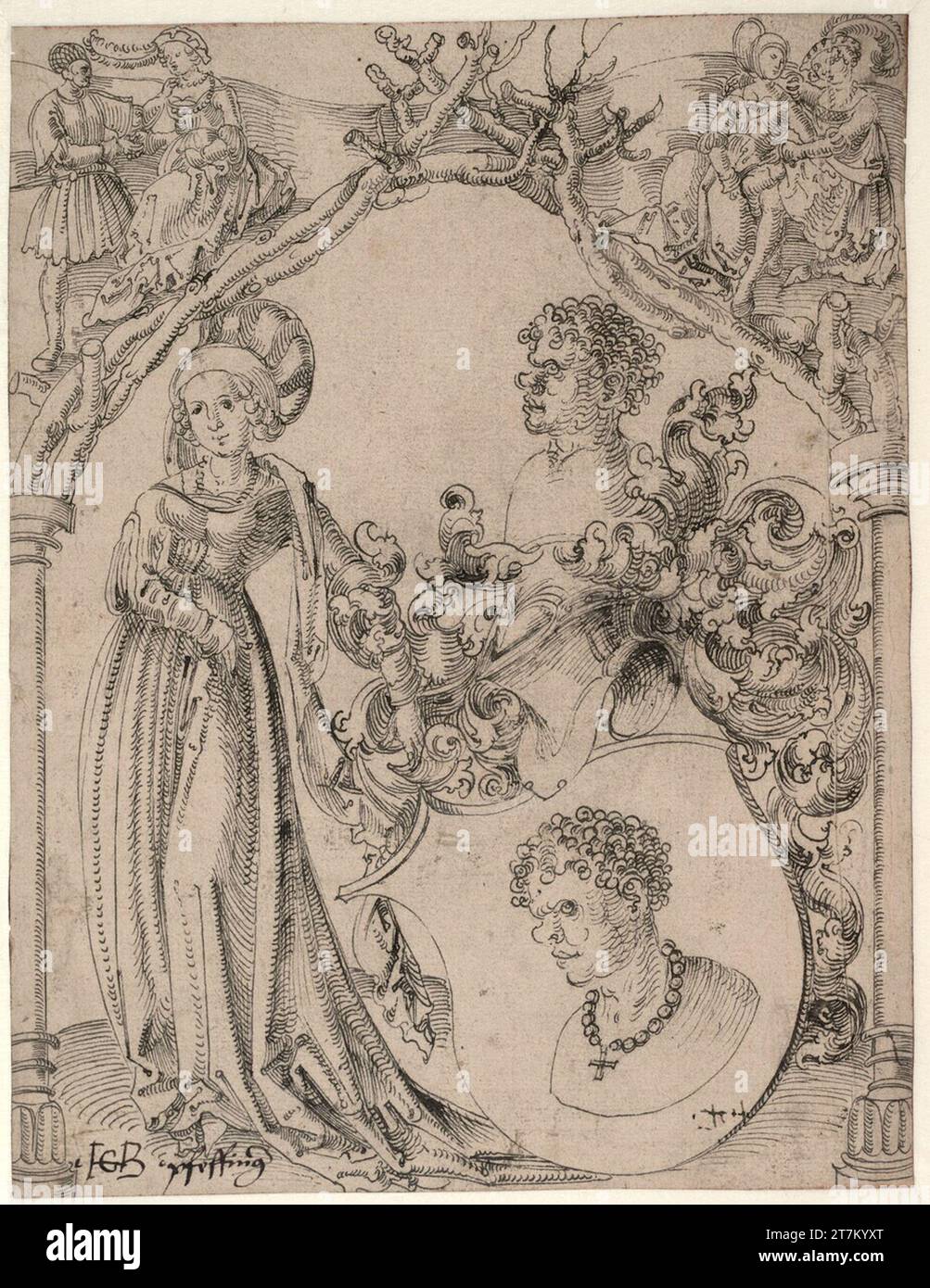 Straßburger Meister Wappen Pfeffinger (Windschutzscheibenriss). Feder in grau-schwarz, heller und dunkler, auf gelblichem Papier um 1510 Stockfoto