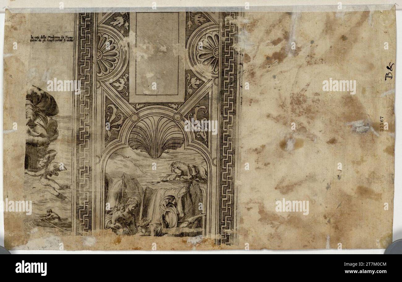 Anonyme Cover-Dekoration mit Szenen der Laurischen Legende; Teil der „Madonna di Loreto“ auf der linken Seite. Kupfergravur Stockfoto