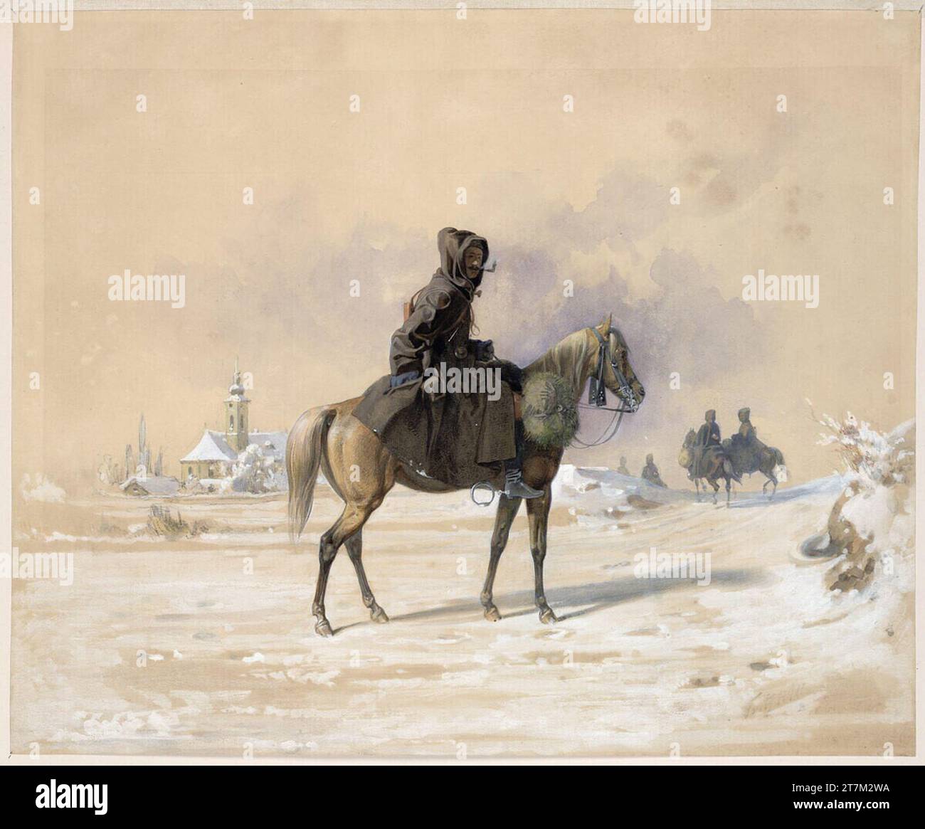 Friedrich L'Allemand Reiter im Schnee. Deckfarben, Deck weiß um 1850 Stockfoto