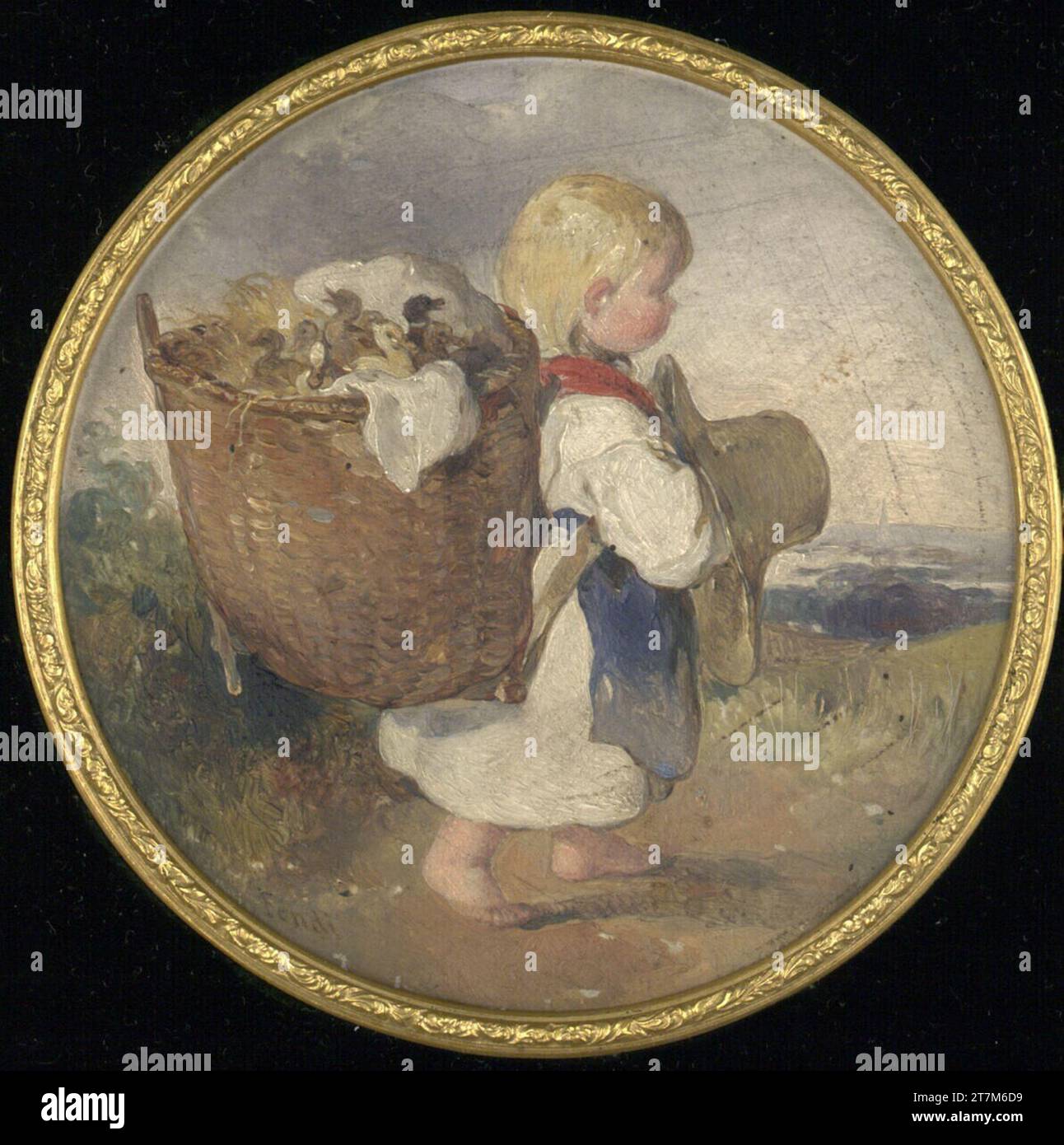 Peter Fendi kleines Kind mit Buckelkorb voller Entlein (Miniatur auf dem Samtdeckel des „Liechtensteinalbums“, sogenanntes Fendi-Album). Öl auf Metall. In Originalmontage. Um 1837 Stockfoto