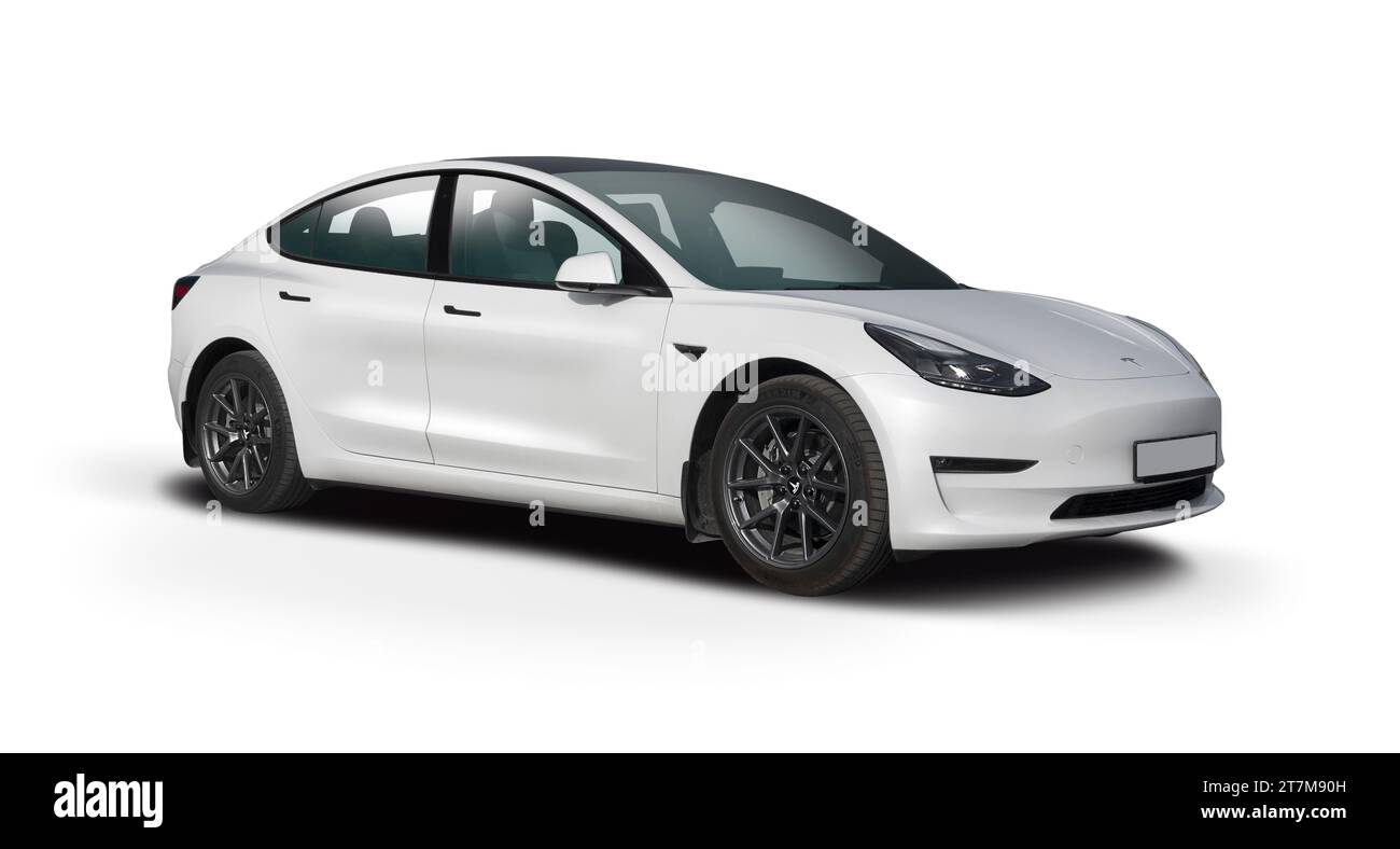 Tesla Model 3 Auto isoliert auf weißem Hintergrund Stockfoto