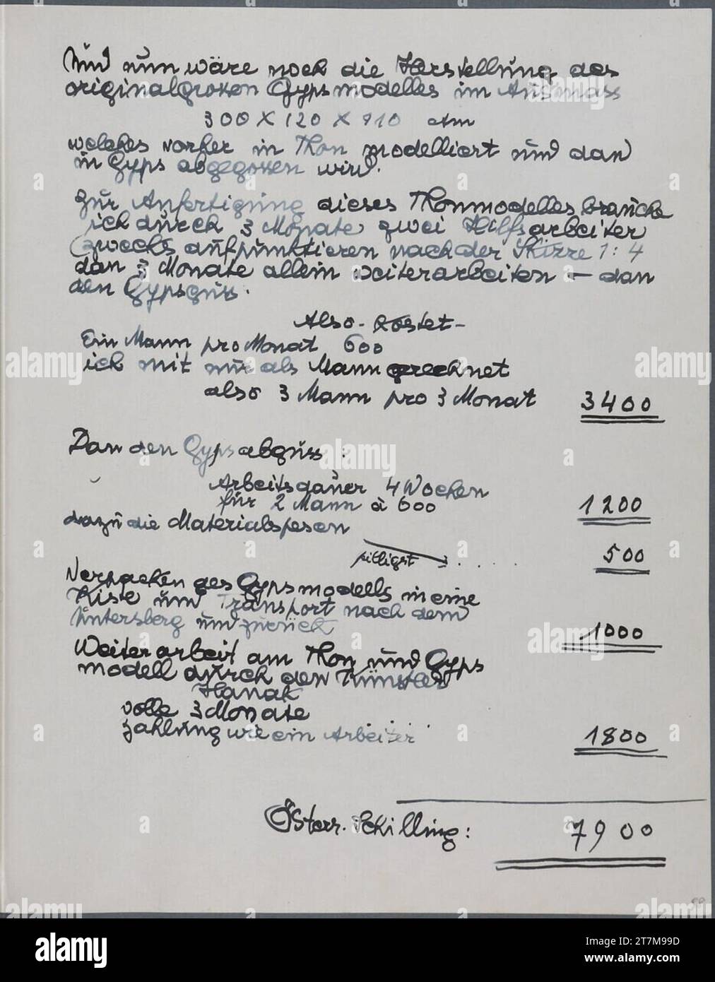 Anton Hanak Tagebucheintrag mit Kostenberechnung. Feder in blau Sketchbook: 1925 - 1933 , 1925/1933 Stockfoto