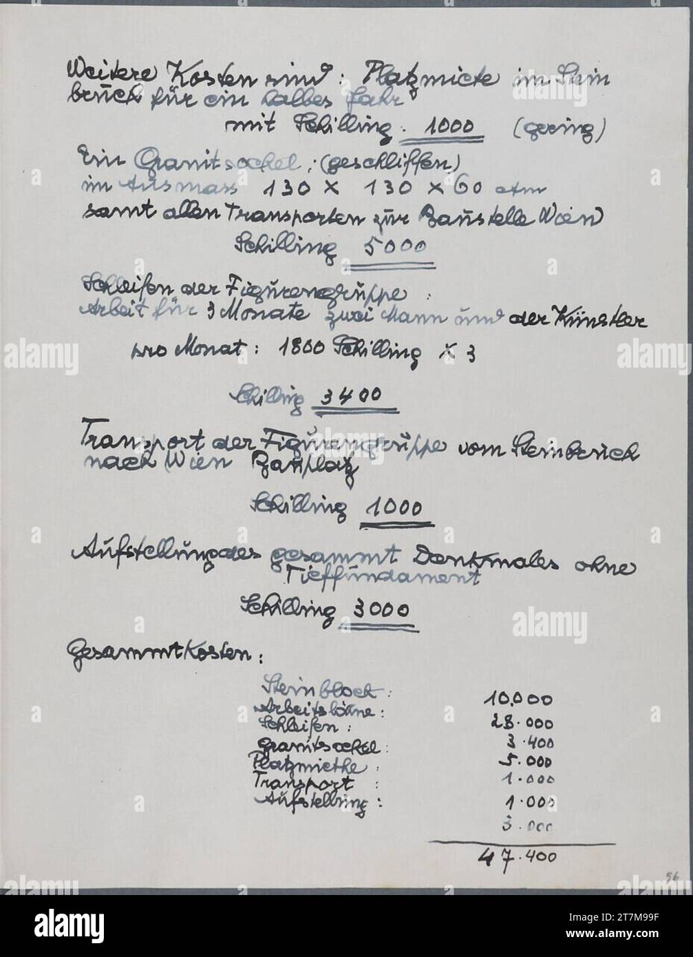 Anton Hanak Tagebucheintrag mit Kostenberechnung. Feder in blau Sketchbook: 1925 - 1933 , 1925/1933 Stockfoto