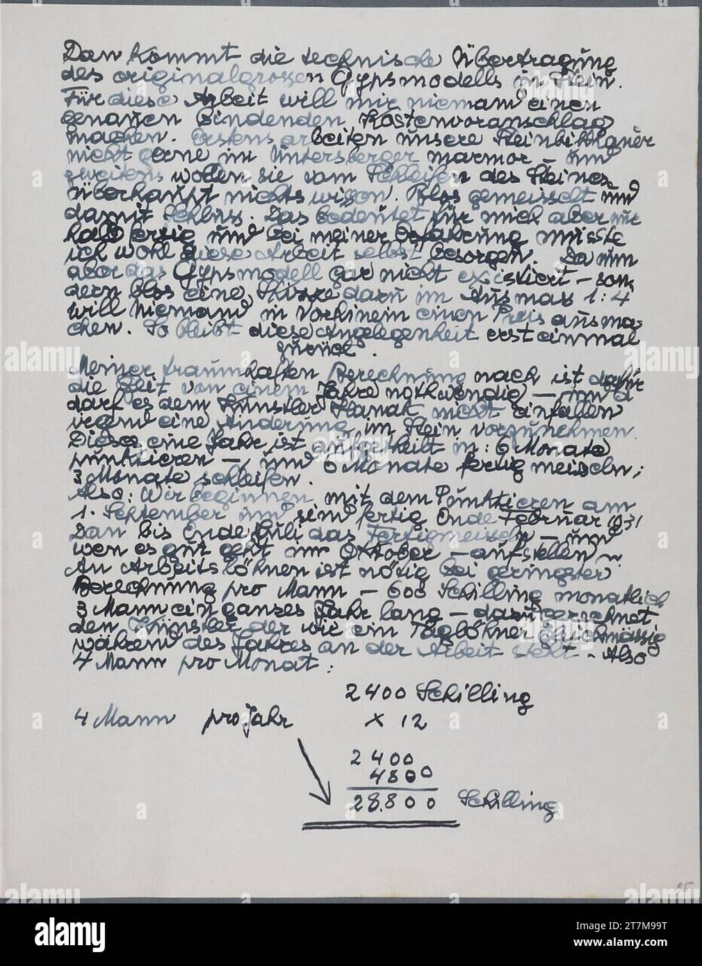 Anton Hanak Tagebucheintrag mit Kostenberechnung. Feder in blau Sketchbook: 1925 - 1933 , 1925/1933 Stockfoto