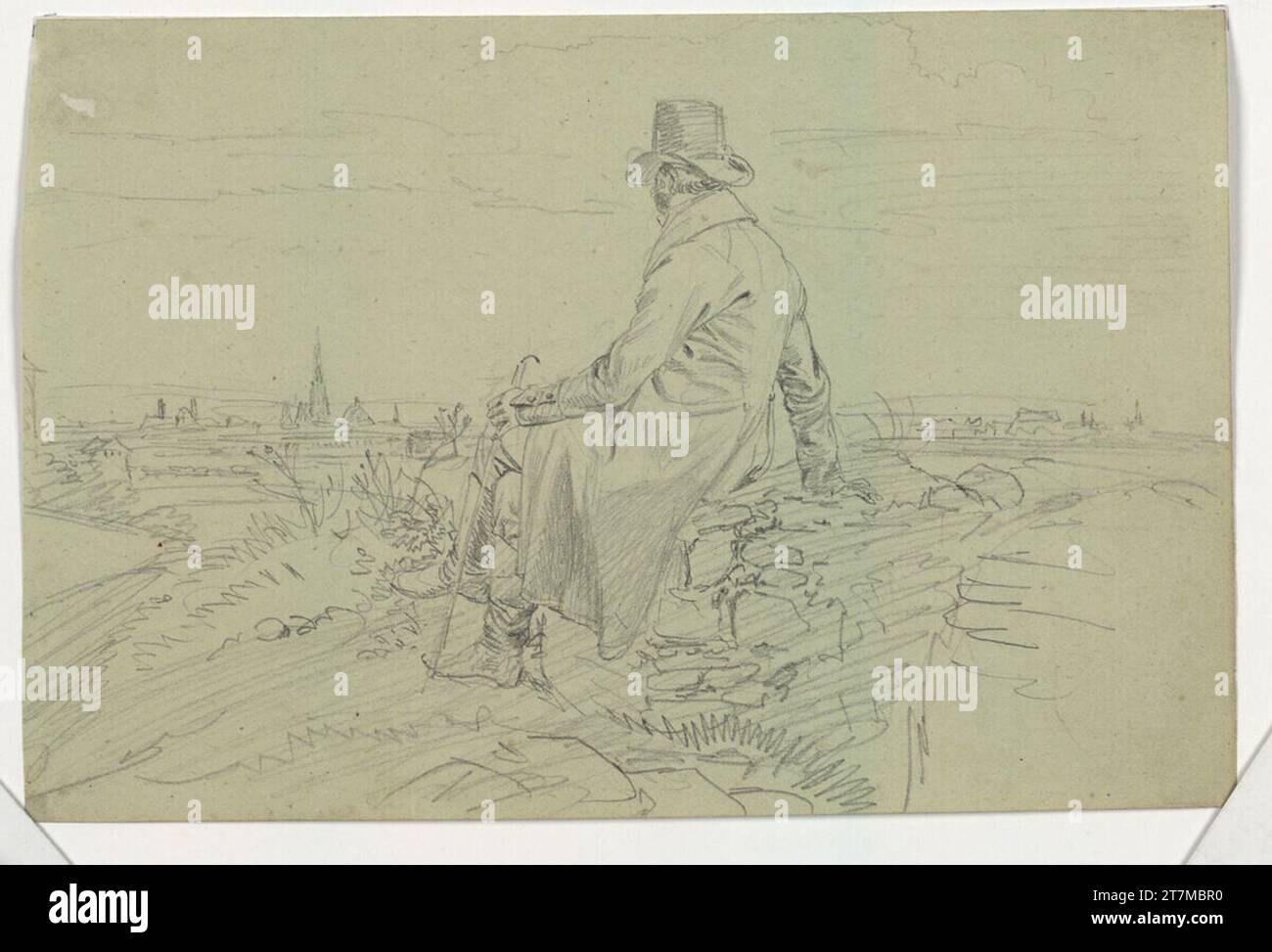 Johann Adam Klein an einer Wand - sitzender Mann in Rückansicht mit Blick auf Wien. Bleistift auf grünlichem Papier um 1812-15 Stockfoto