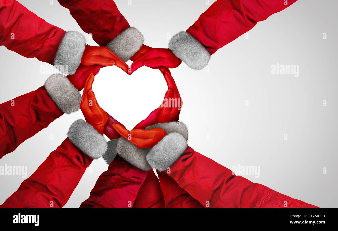 Unterstützung für Winterferien und Weihnachtsferien und Gemeindeeinheit als eine Gruppe von verschiedenen Weihnachtsmannhänden und -Armen, die sich zum Geben zusammenschließen Stockfoto