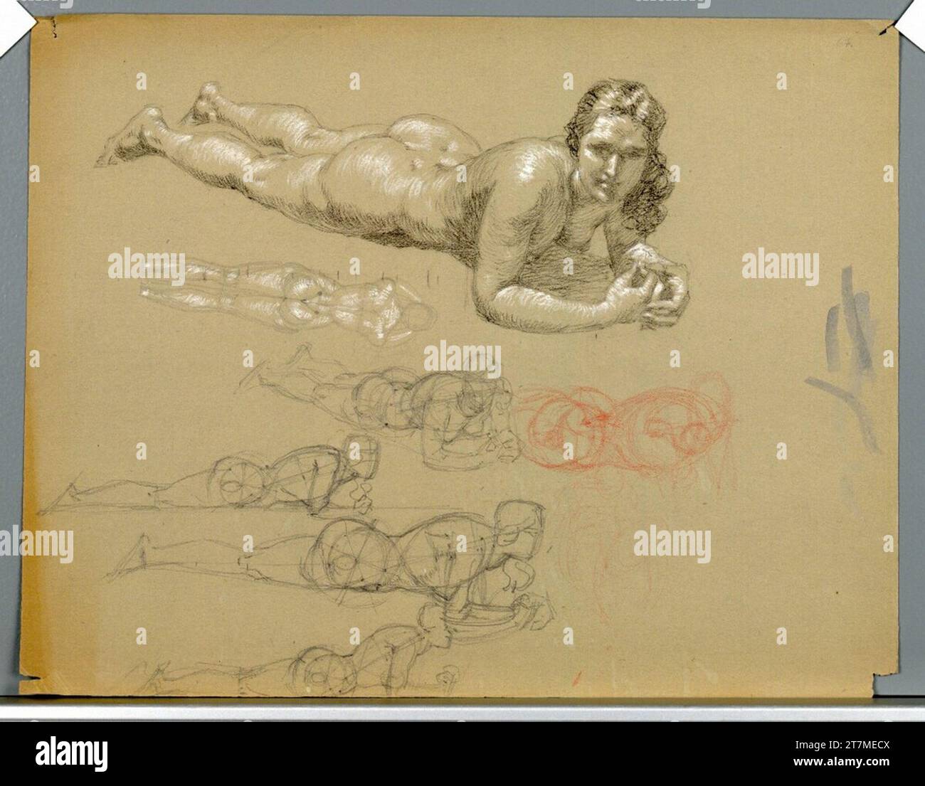 Alexander Rothaug Sieben studiert einen Lügen. Bleistift, Kreide, weiß hoch, Kohlestift, rosafarbener Stift, braunes Papier, Pinseltests Stockfoto