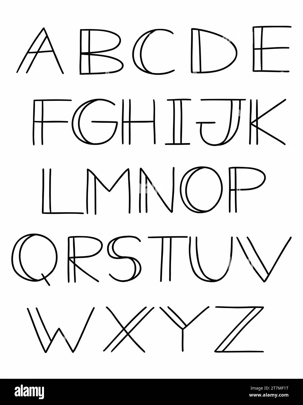 Old School breites schwarzes englisches Alphabet abc lateinische Schriftart A bis Z Sammlung. Vektor-Illustration in Doodle Hand gezeichnetem Stil isoliert auf weißem Hintergrund. Stock Vektor