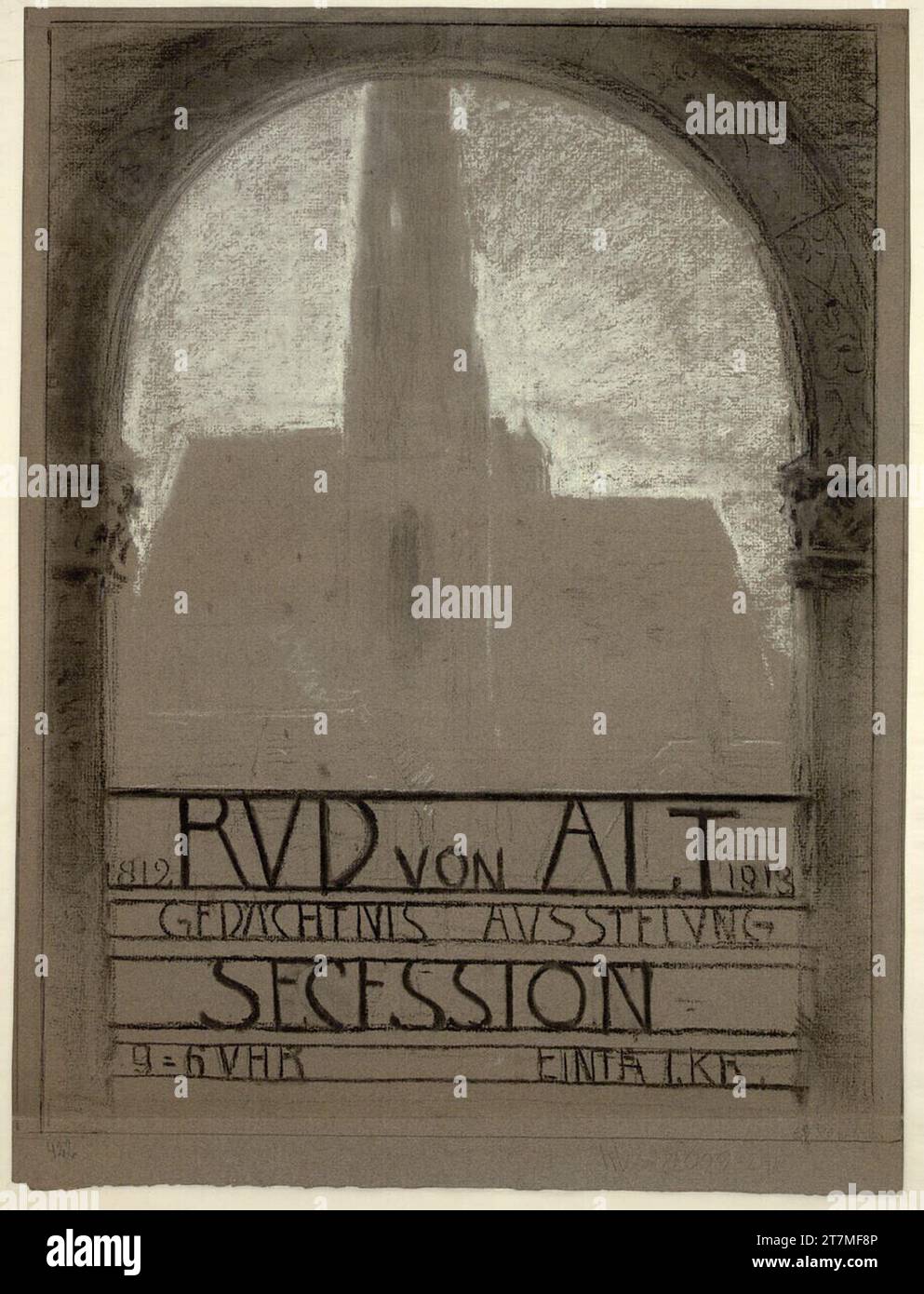 Ludwig Rösch Postentwurf für die Rudolf-Alt-Gedenkausstellung in der Secession. Kohle, Kreide, graues Papier Stockfoto