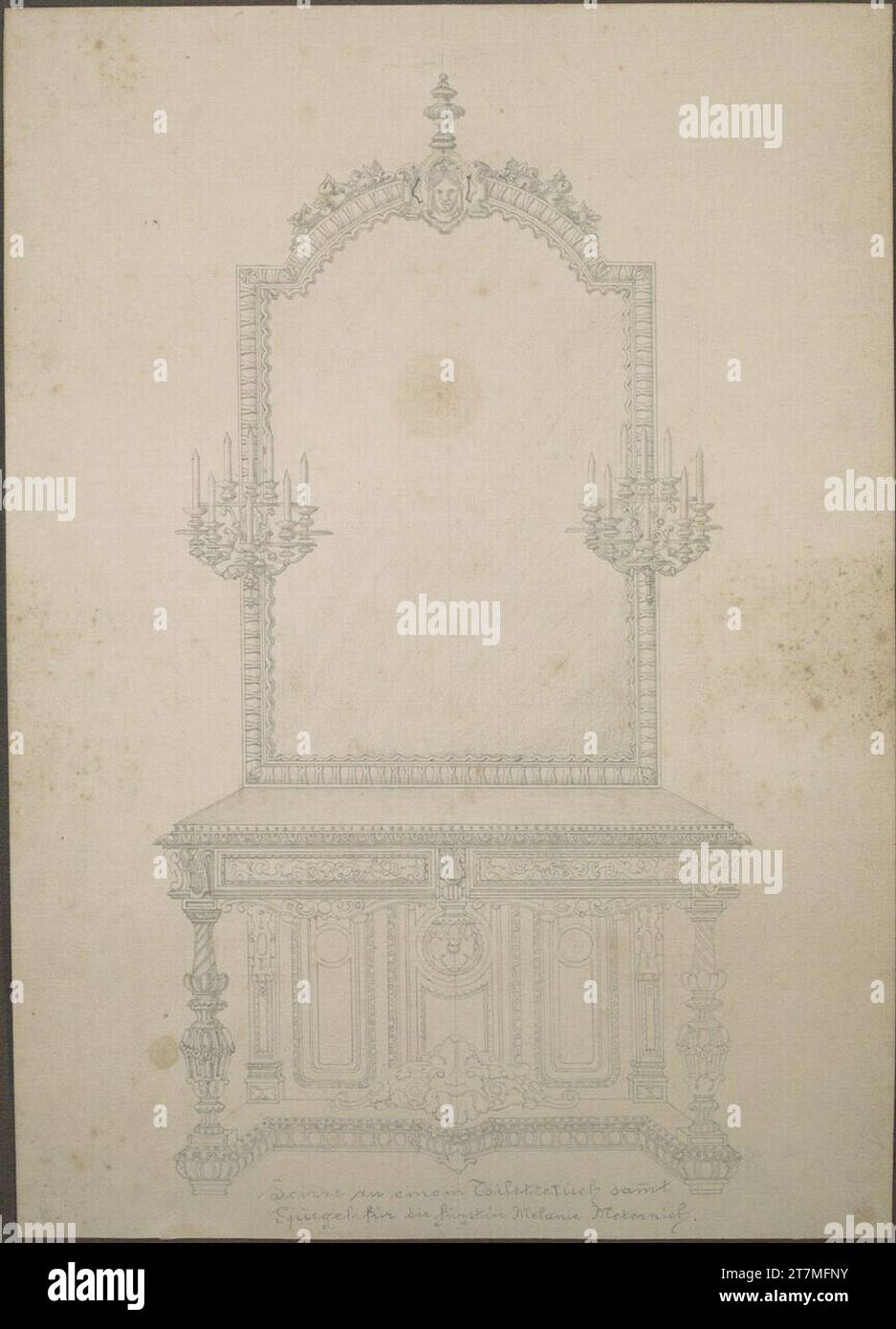 Johann Julius Romano von Ringe Design eines Toilettentisches mit Spiegel für Prinzessin Melanie Metternich. Bleistift-Sketchbook: 1840-1850 , 1840/1850 Stockfoto