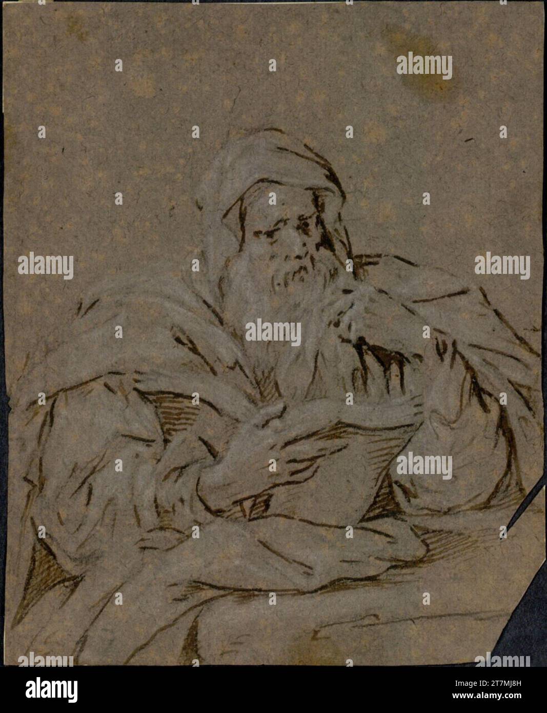Paul Troger (Zuschreibung Kutschera) ein alter Mann liest in einem Buch (Apostel oder Prophet?). Feder in schwarz, mit weißer Kreide hoch, auf grauem Papier 1898-1762 , 1762/1898 Stockfoto