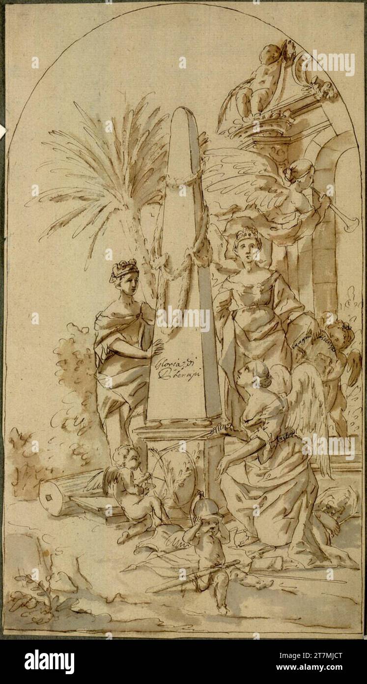 Paul Troger (Zuschreibung Kutschera) Denkmal für einen Obelisken („Gloria di Prinicipi“) mit allegorischen Figuren und Putten. Feder, grauer Pinsel, laviert, auf gelblichem Papier Stockfoto