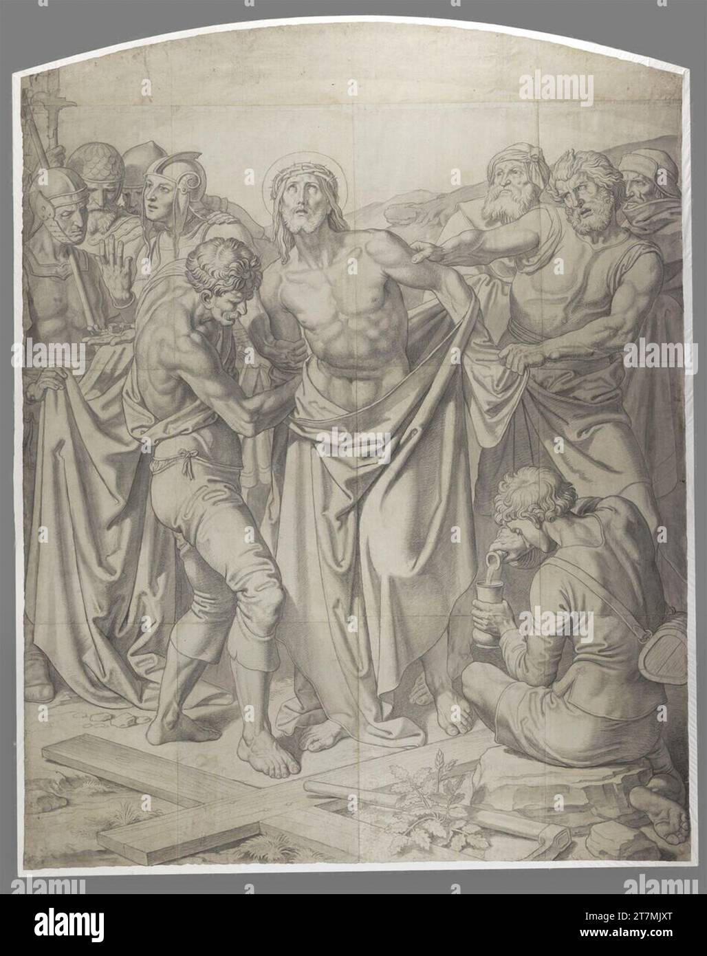 Josef von Führich Jesus wird seiner Kleidung beraubt (Pappe an der zehnten Station des Kreuzweges in der Pfarrkirche St. Johann Nepomuk, Wien II). Kohle- und Schwarzkreide, großflächig aufgeschliffen und stellenweise schraffiert; graublaues Papier, oben abgerundet, mehrmals zusammengefügt (ca. 16–25 Einzelbögen), an den Kanten und v. a. punktförmige Einstiche in den Ecken 1843/44 , 1843/1844 Stockfoto