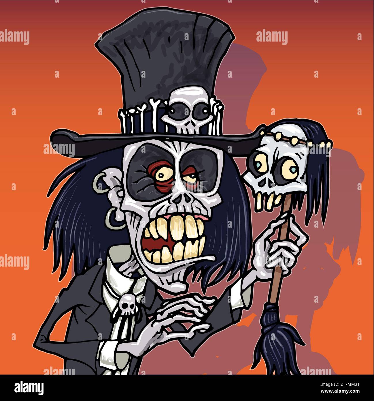 Art Cartoon humorvolle Illustration, Voodoo, Schädelkopffigur mit Top-Hut, Zombie, Papa Legba, Halloween-Karte, Newsletter, powerpoint-Magazin Stockfoto