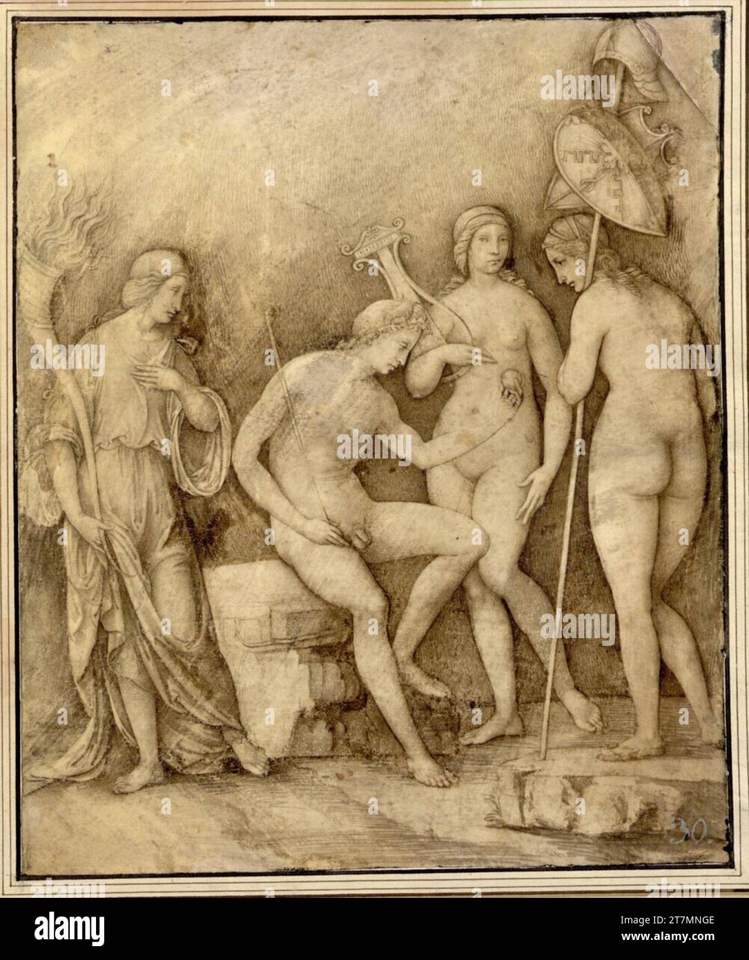 Francesco di Marco di Giacomo Raibolini das Urteil von Paris. Pinselzeichnung mit anschließendem Frühling auf Pergament um 1505-1506 Stockfoto