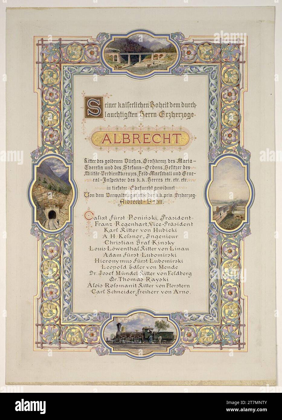 Rudolf von Alt Widmungsblatt zum Album der Topographie; detaillierte Karte der Strecke der Lemberg-Beskid (Albrechtsbahn) mit vier Ansichten: Oben: Viadukt; links: Tunnel; rechts: Eisenbahnbrücke; Lokomotive unten. Aquarell, Gouache um 1873 Stockfoto