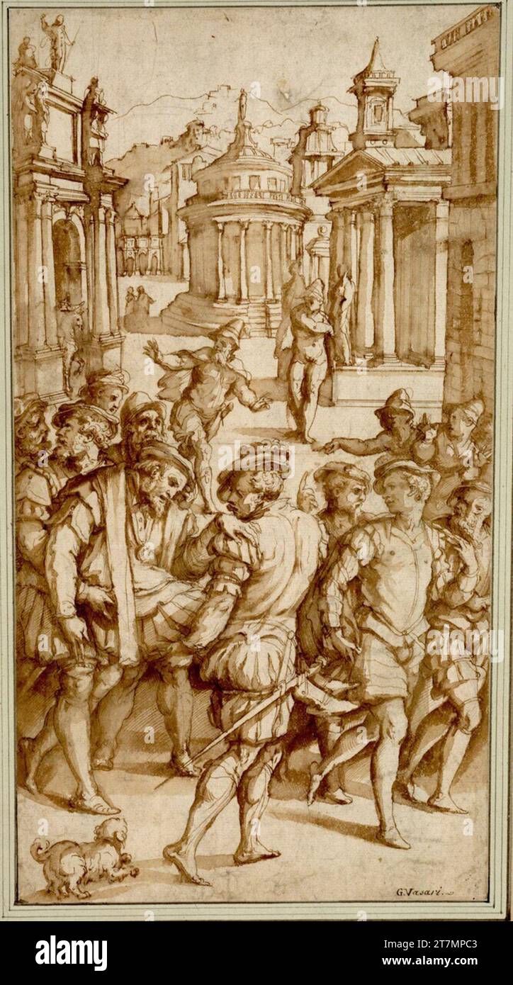 Giorgio Vasari der verwundete Gaspard de Coligny, Admiral von Frankreich, Anführer der Hugenotten, wird nach dem erfolglosen Attentat nach Hause gebracht. Kreide, Feder, um 1572 aufgetragen Stockfoto