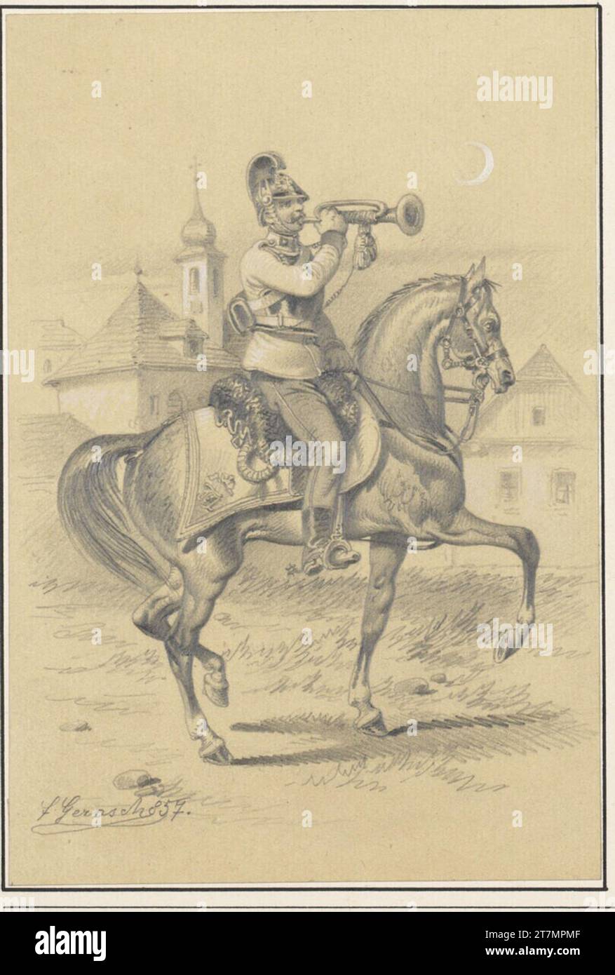 Franz Gerasch Dragoner mit Trompete. Bleistift, hoch weiß 1857, 1857 Stockfoto