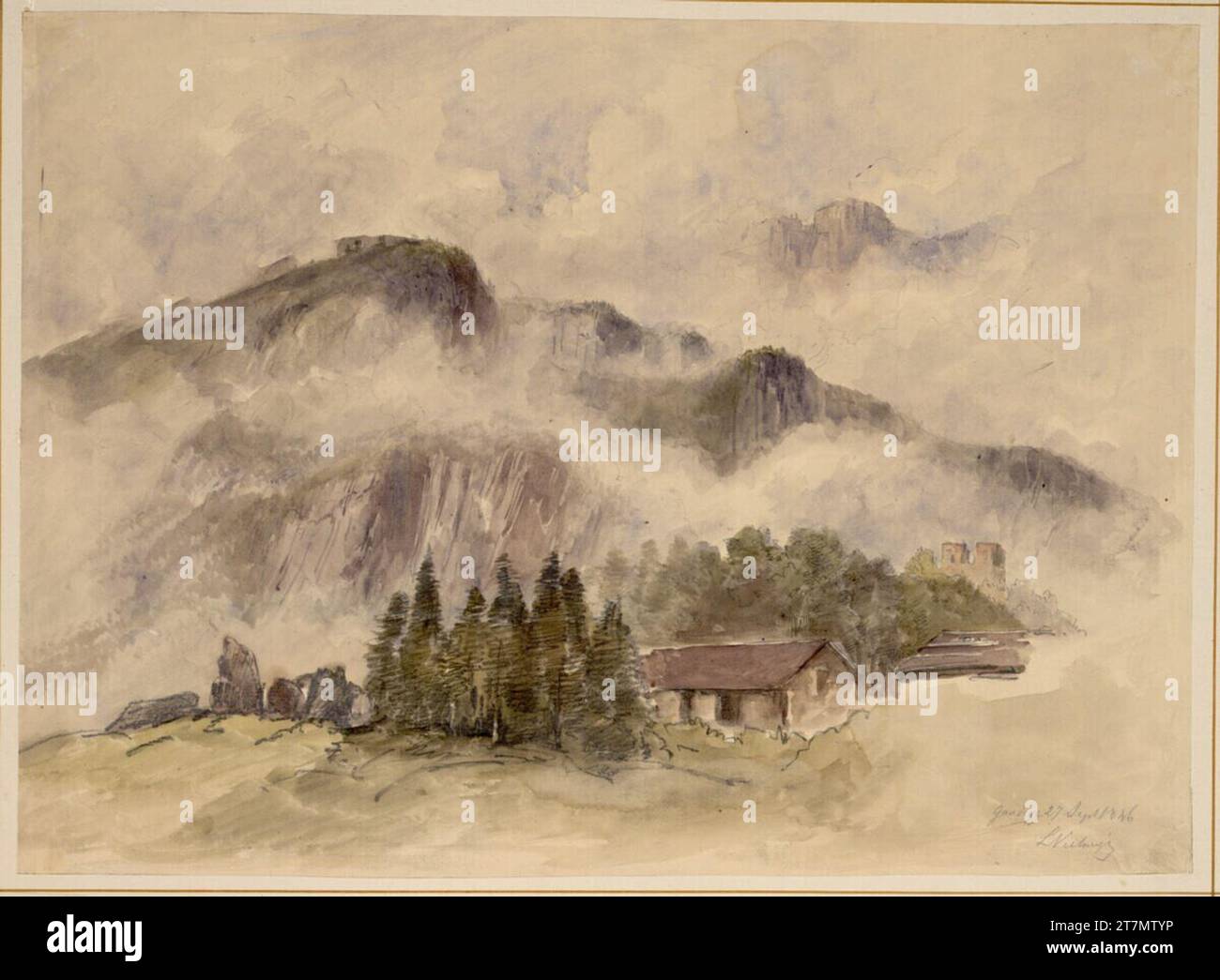 Ludwig-Neelmeyer-Massiv in Wolken bei Gandegg. Bleistift, Aquarell; mit einem Pinsel in weiß ausgeworfen; mit einer Feder in Braun auf dem Kompositionspapier 1846 , 1846 Stockfoto