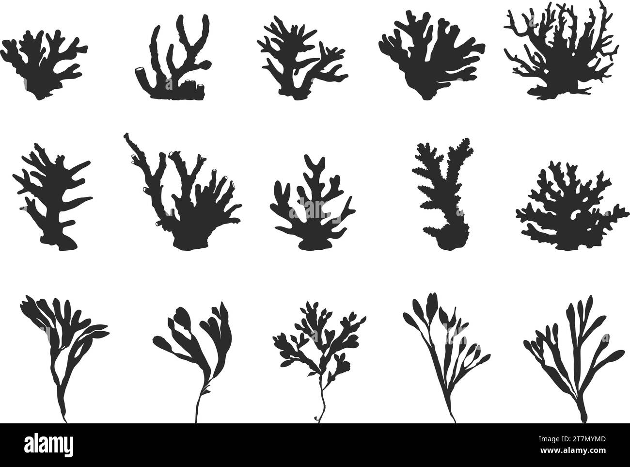 Korallensilhouette, Seekorallen Silhouette, Seetang Silhouette, Korallenklipart, Korallenvektor Illustration. Stock Vektor