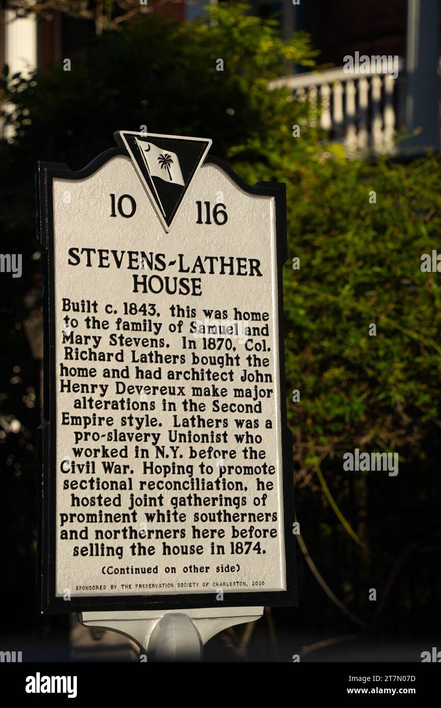 Plakette für das Stevens Lather House im Zentrum von Charleston, South Carolina Stockfoto