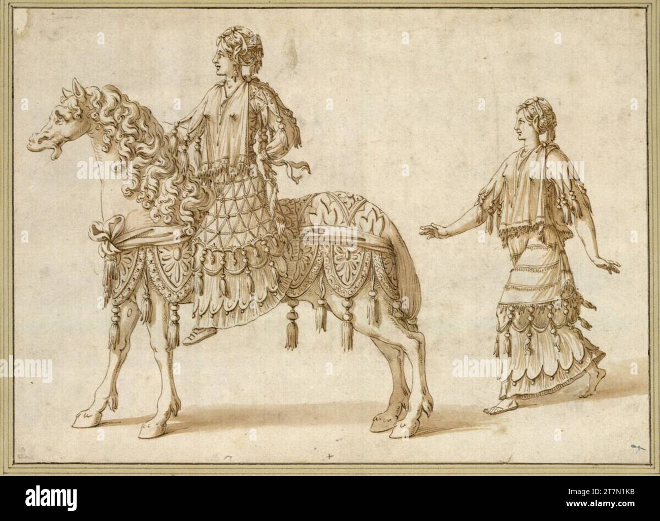 Anonym Frauenfigur mit Turban zu Pferd, gefolgt von derselben zu Fuß. Feder in Braun, um 1600 lavt Stockfoto