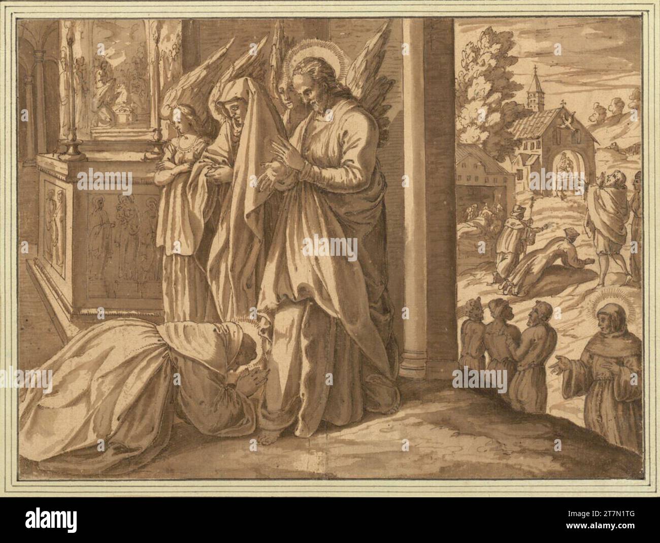 Anonym The St. Franziskus empfängt die Ablaß für die armen Seelen von Christus. Feder in Braun, lavt Stockfoto