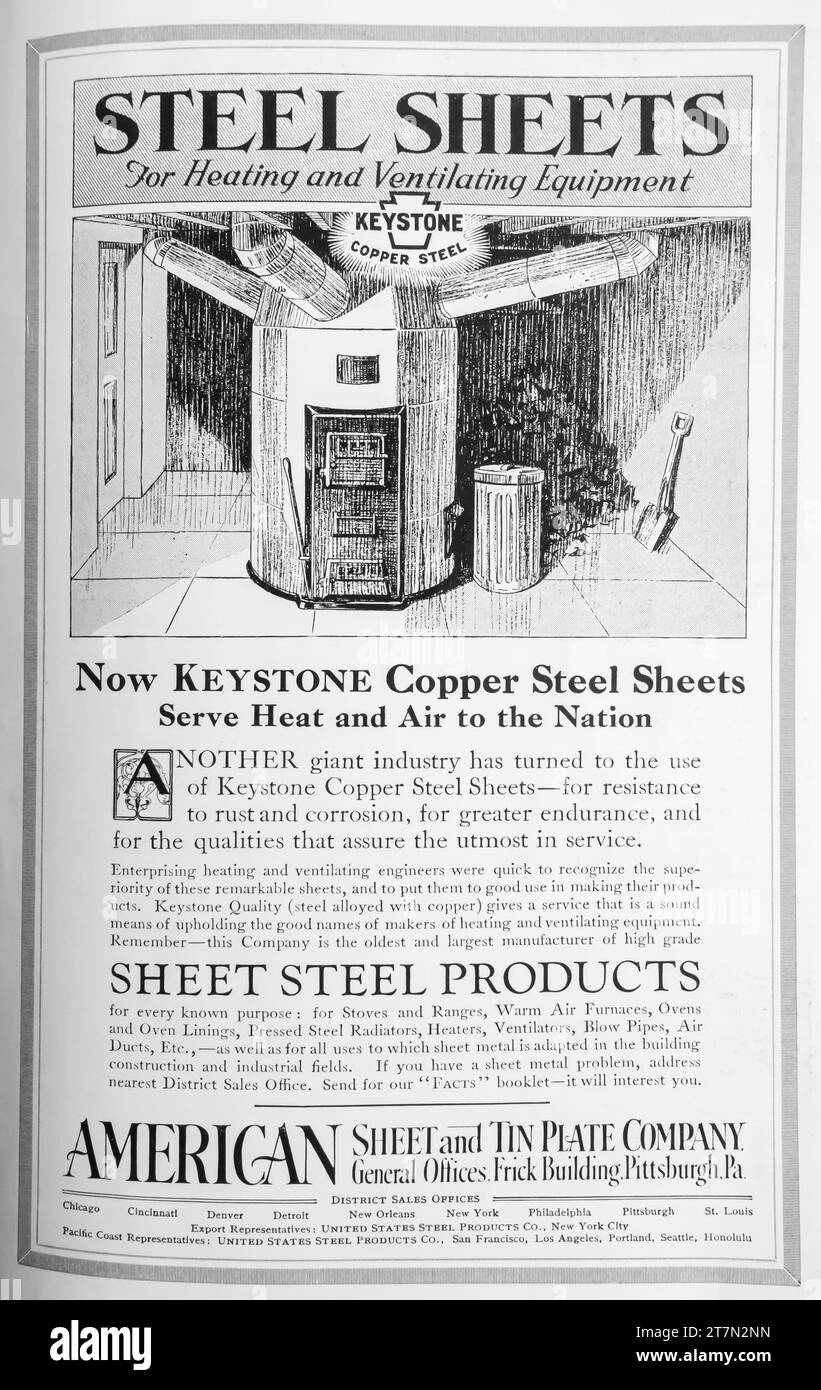 1927 Keystone Rostbeständige Kupferstahlbleche für Heizungs- und Lüftungsgeräte Pittsburgh, PA Stockfoto