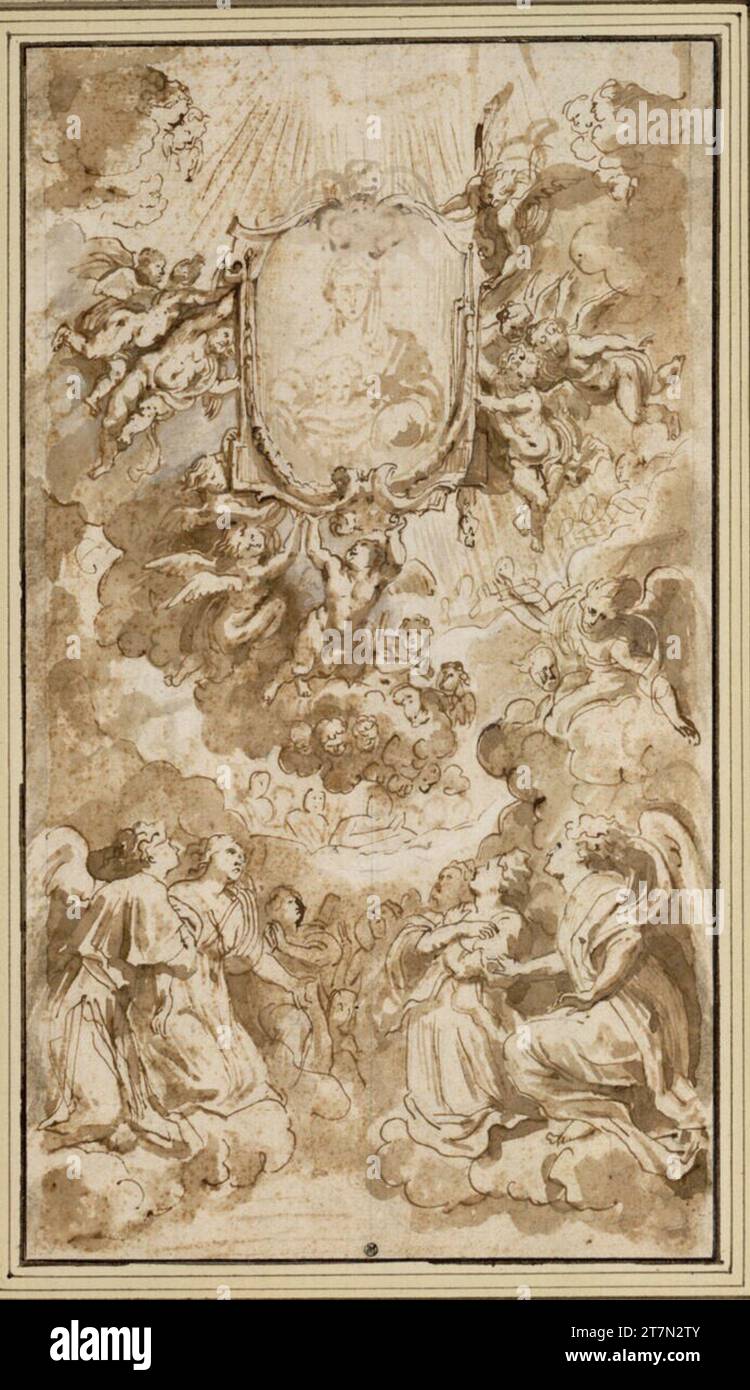 Peter Paul Rubens Marienbild, von Engeln verehrt (Entwurf für den Hochaltar in S. Maria in Vallicella). Feder und Pinsel in braun, braun laviert, Korrekturen in Deck weiß, hoch, weiß, über Graphit Bleistift kurz nach dem 14. April 1608 Stockfoto