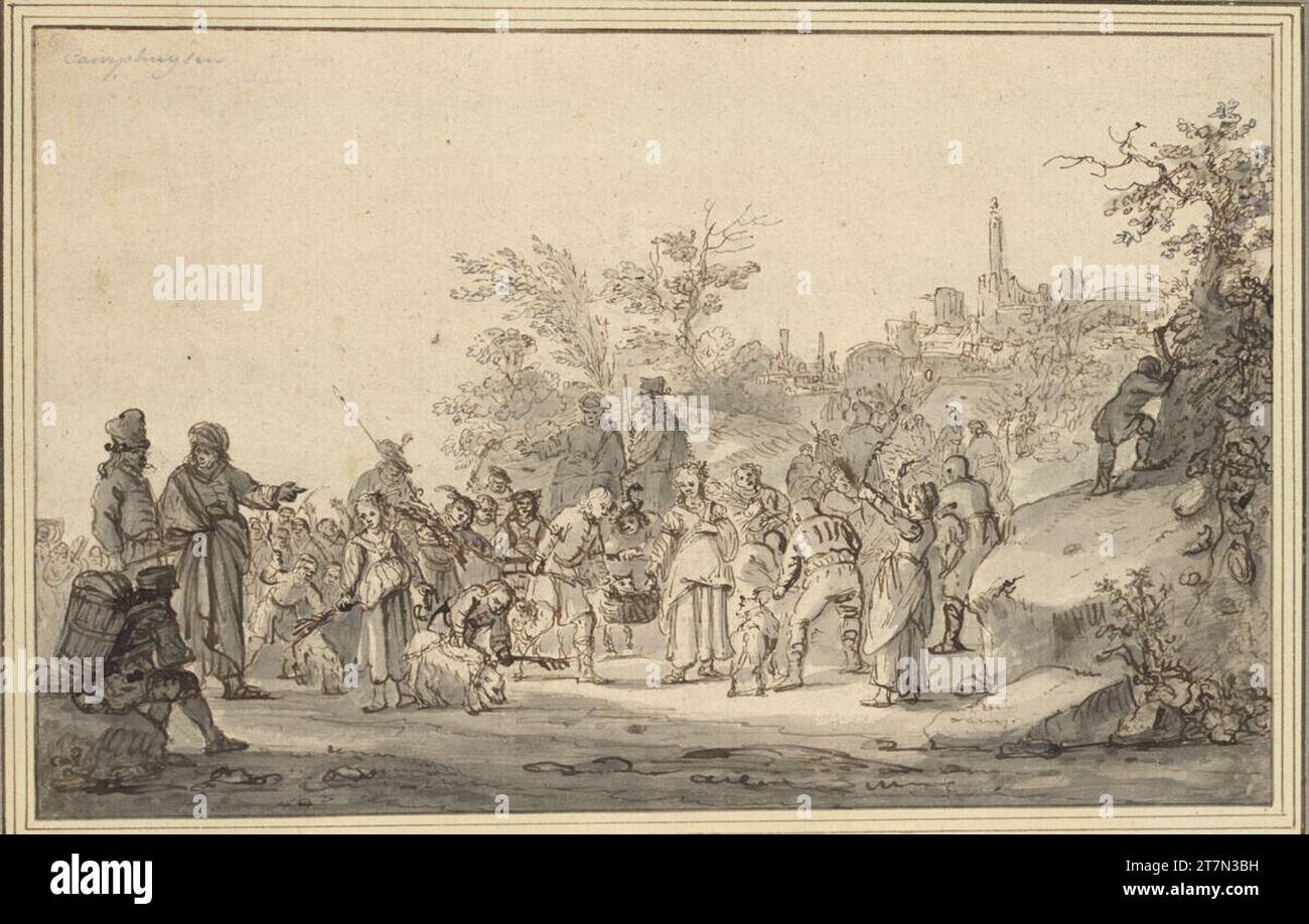 Regiment Dircksz. Camphuysen-Prozession von Kindern mit Ruten und Hunden, bis zu einer größeren Stadt. Feder in Braun und Grau, grau aufgetragen, über schwarzer Kreide. Stockfoto