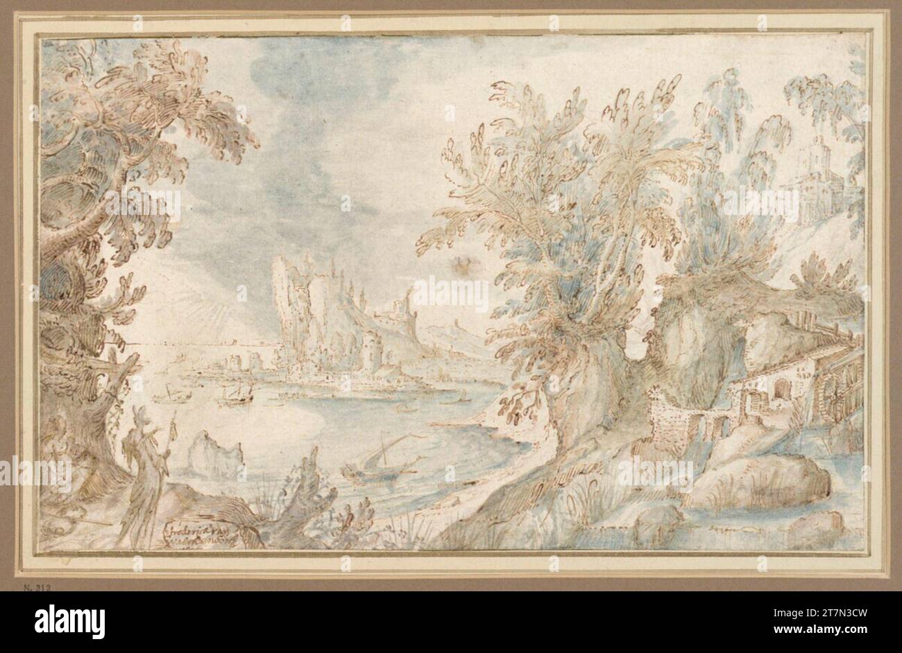 Frederik van Valckenborch fantastische Landschaft mit Pilgerpaar. Feder in Braun, Aquarell 1597, 1597 Stockfoto