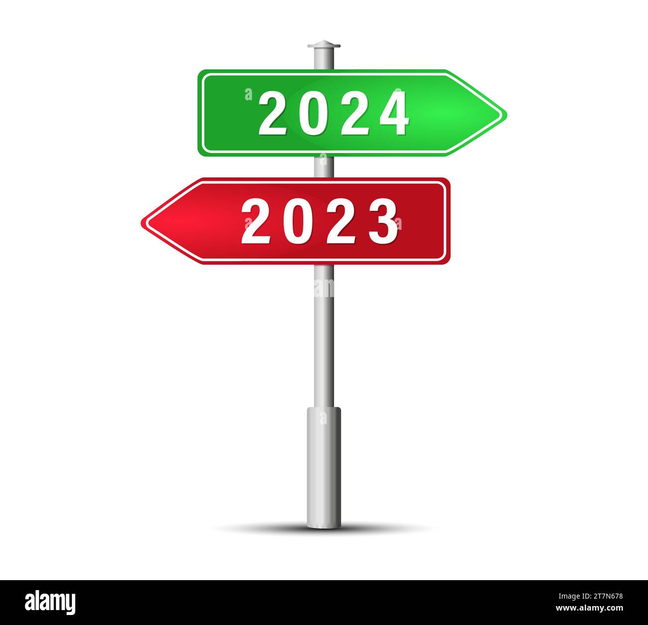 Frohes Neues Jahr 2024. Eine Säule mit einem roten und grünen Zeiger und den Zahlen 2023 und