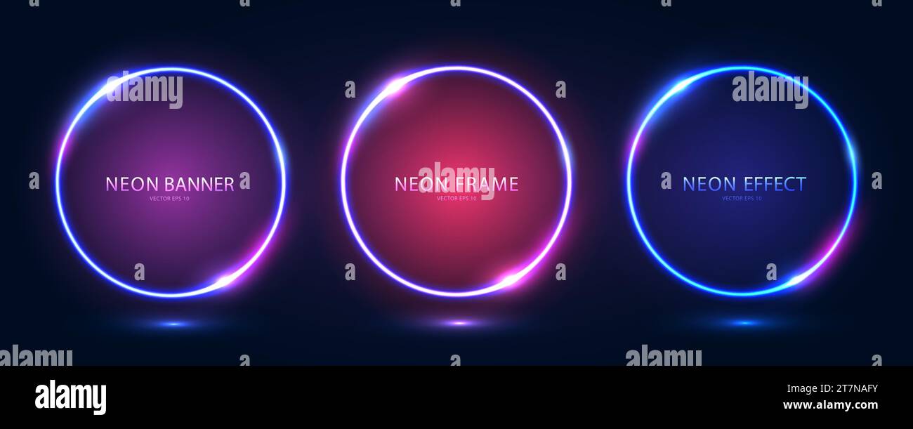 Ein Satz von drei runden Neonrahmen mit glänzenden Effekten und Lichtern auf dunkelblauem Hintergrund. Stock Vektor