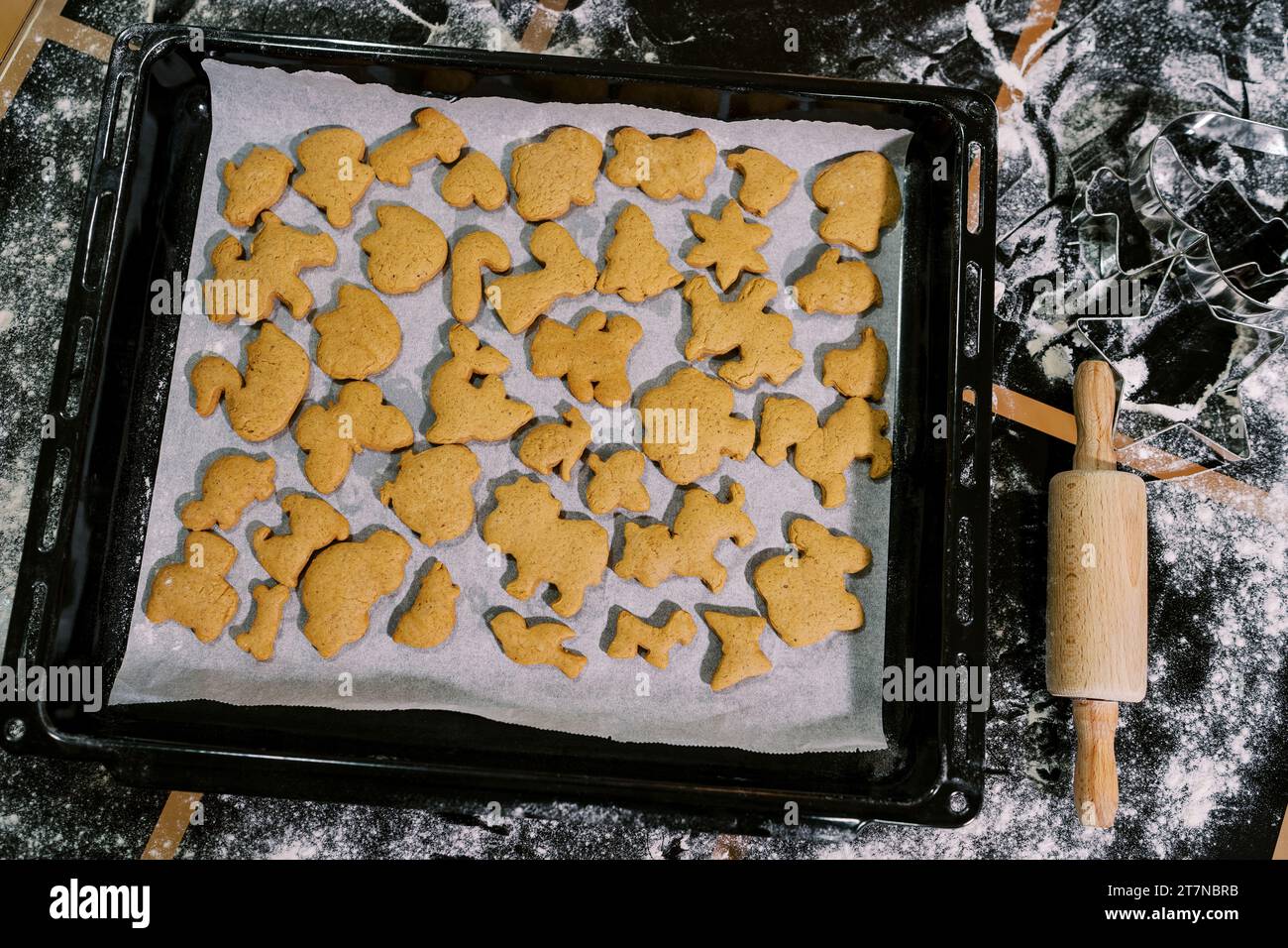 Gebackene Weihnachtsplätzchen liegen auf Backpapier auf einem Tablett auf einem bemehlten Tisch. Draufsicht Stockfoto