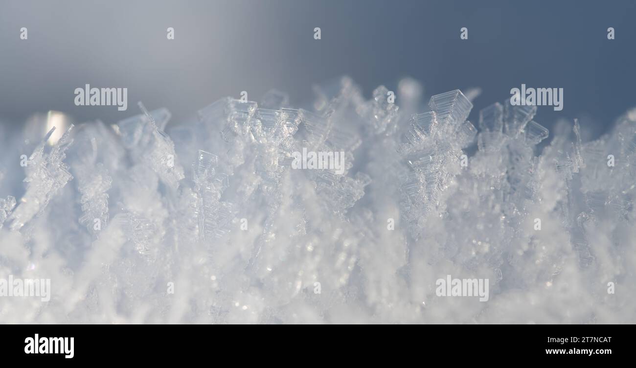 Nahaufnahme von Eis und Schneekristallen, die im weichen, hellen Licht leuchten. Der Hintergrund ist hell und es gibt Platz für Text. Stockfoto