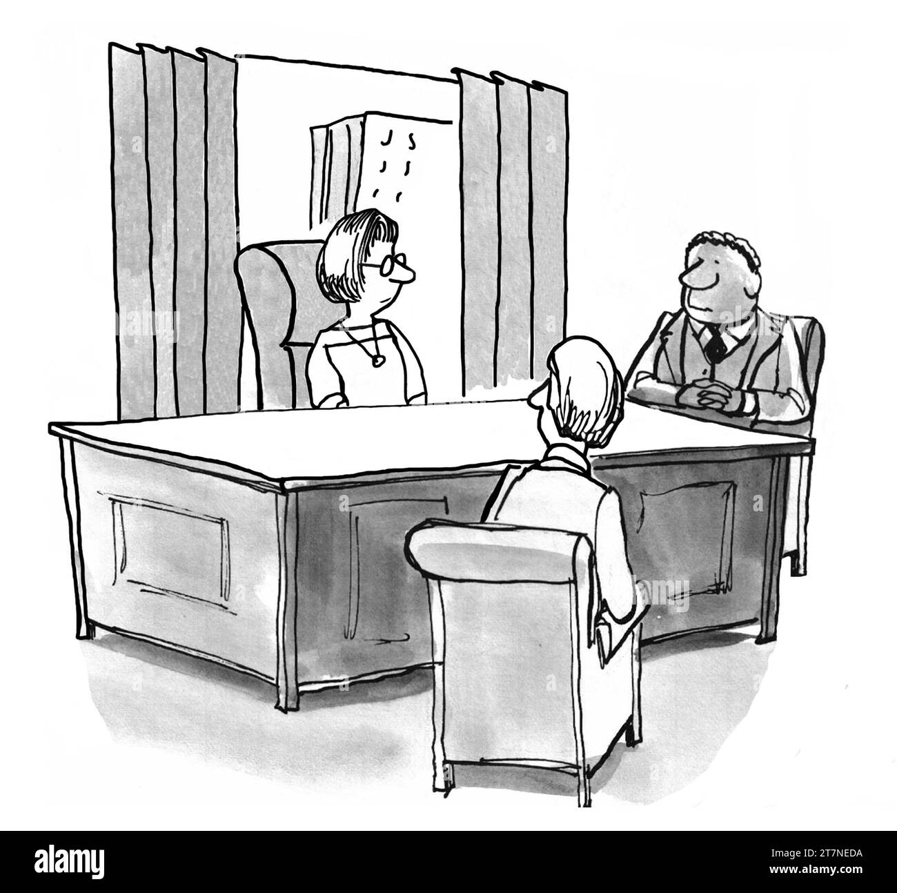 S&W-Illustration von drei Personen in einem Treffen verschiedener Rassen. Es gibt eine Chefin, die das Treffen mit zwei Teammitgliedern leitet, beide Männer. Stockfoto