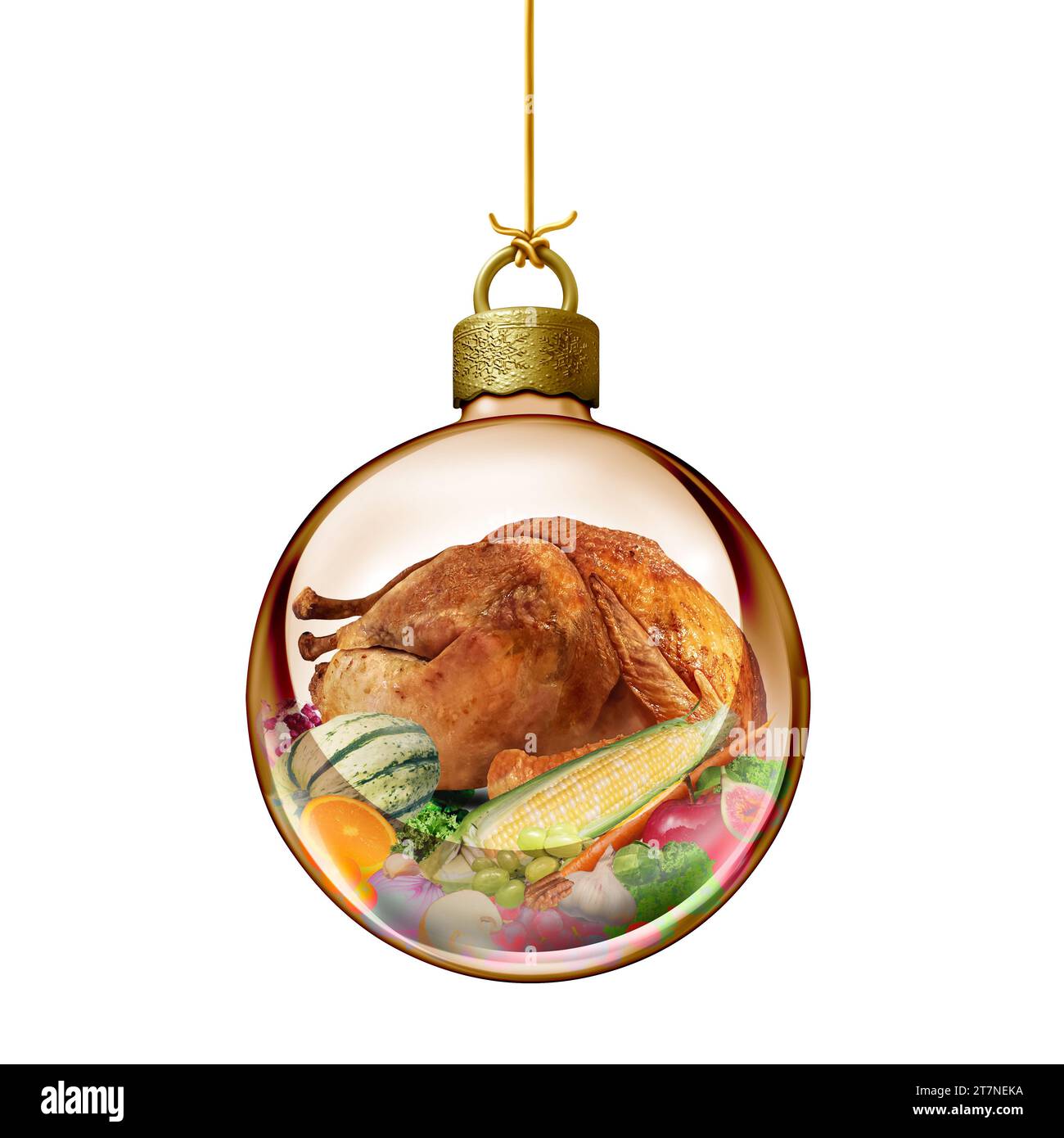 Weihnachtsfeiertag-Food-Symbol und Thanksgiving-Dinner als Glas-Weihnachtskugel-Ornament als saisonales dekoratives Designelement mit traditionellem Stockfoto